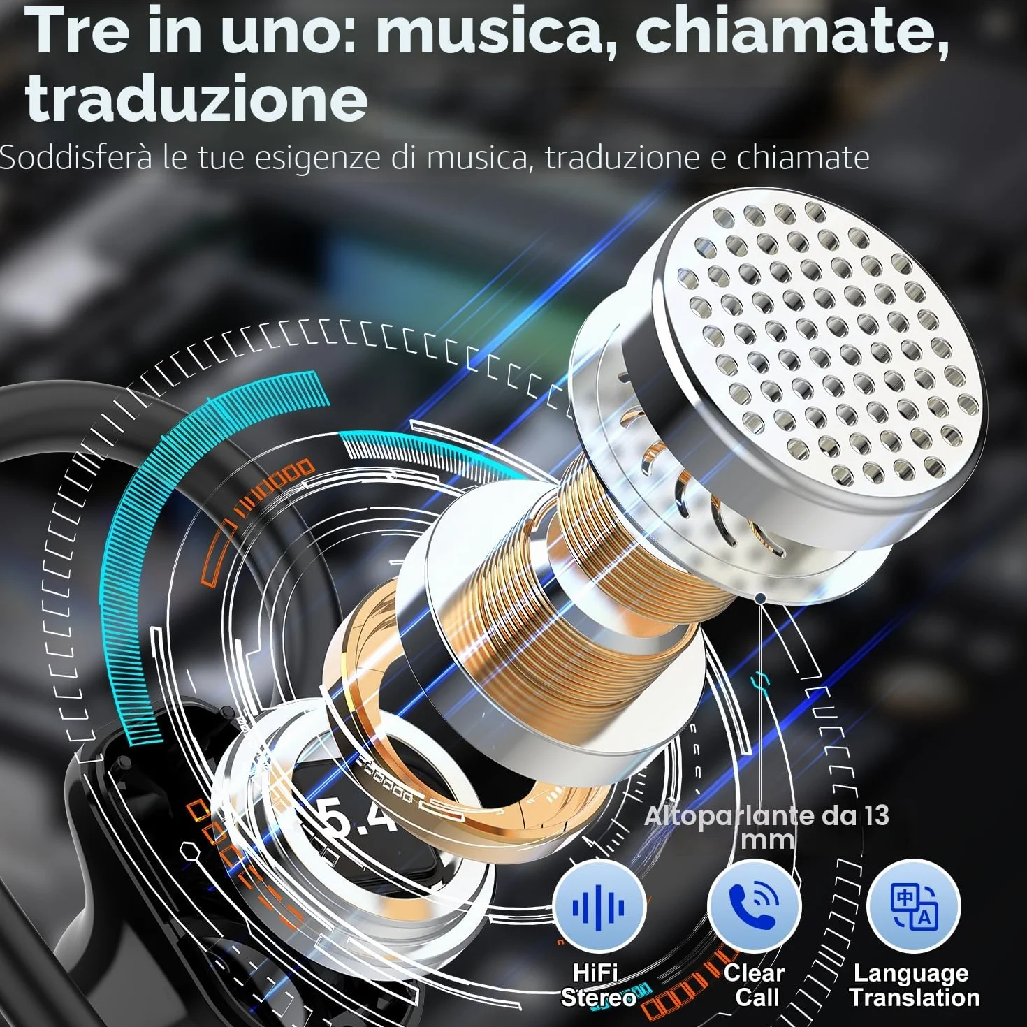 AI Cuffie Traduzione Simultanea, 50Ore Bluetooth 5.4 Auricolari con 164 Lingue/6 Modalità di Traduzione, 3 in 1 Auricolari Traduttori Istantanei con ENC Mic, Cuffie Bluetooth con APP per Viaggi/Affari
