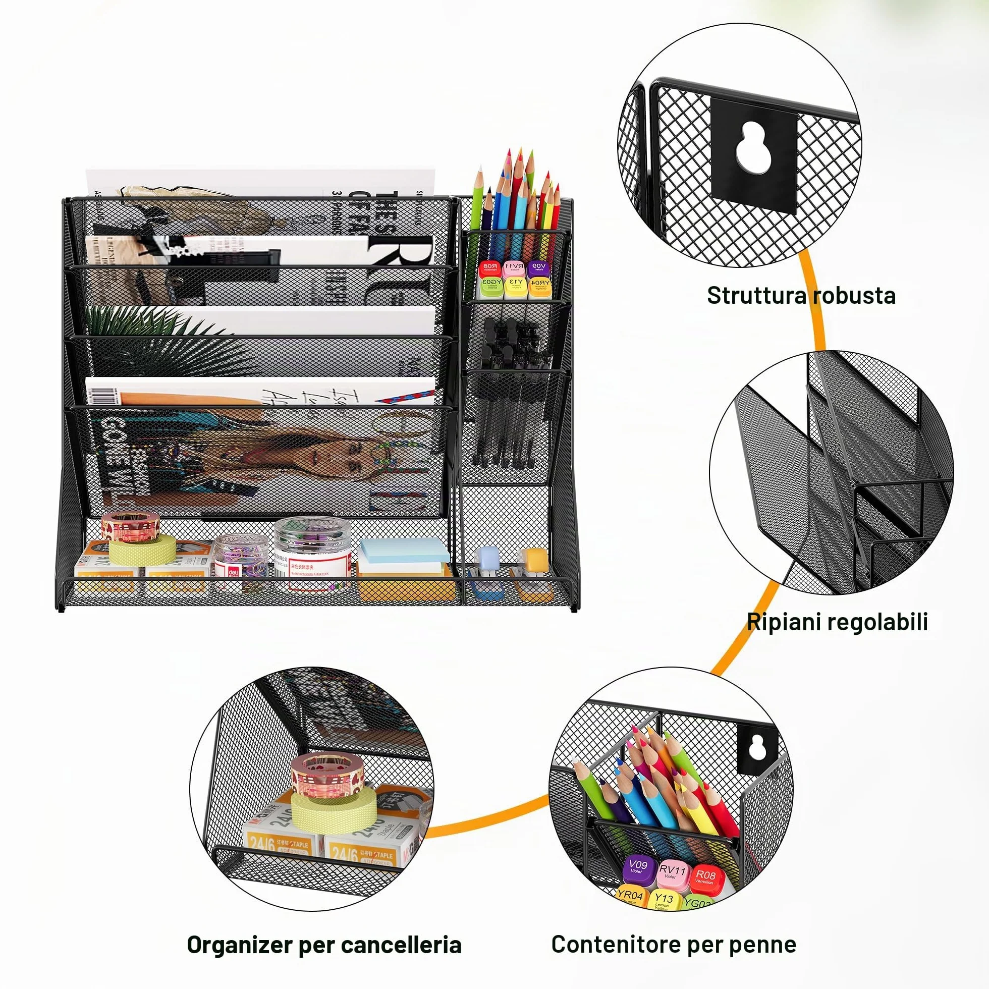 TQVAI 5 Ripiani Organizer Documenti Parete con 3 Scomparti Porta Penne Organizer Scrivania Metallo Portariviste Parete Scaffale per Documenti A4 Organizzatore Ufficio Casa, Nero