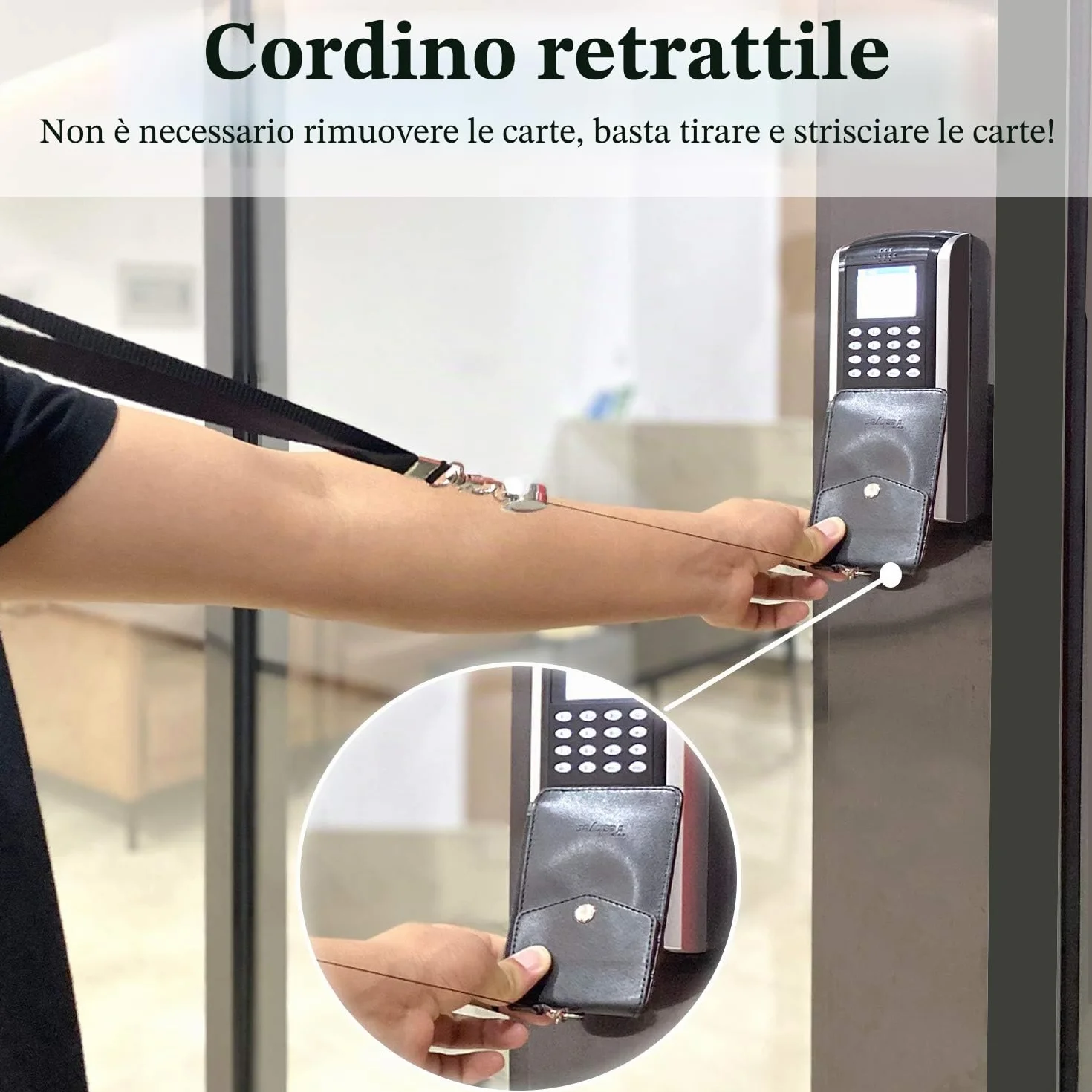 Porta badge in pelle con cordino e bobina retrattile, 4 scomparti per carte d'identità, tasca con cerniera