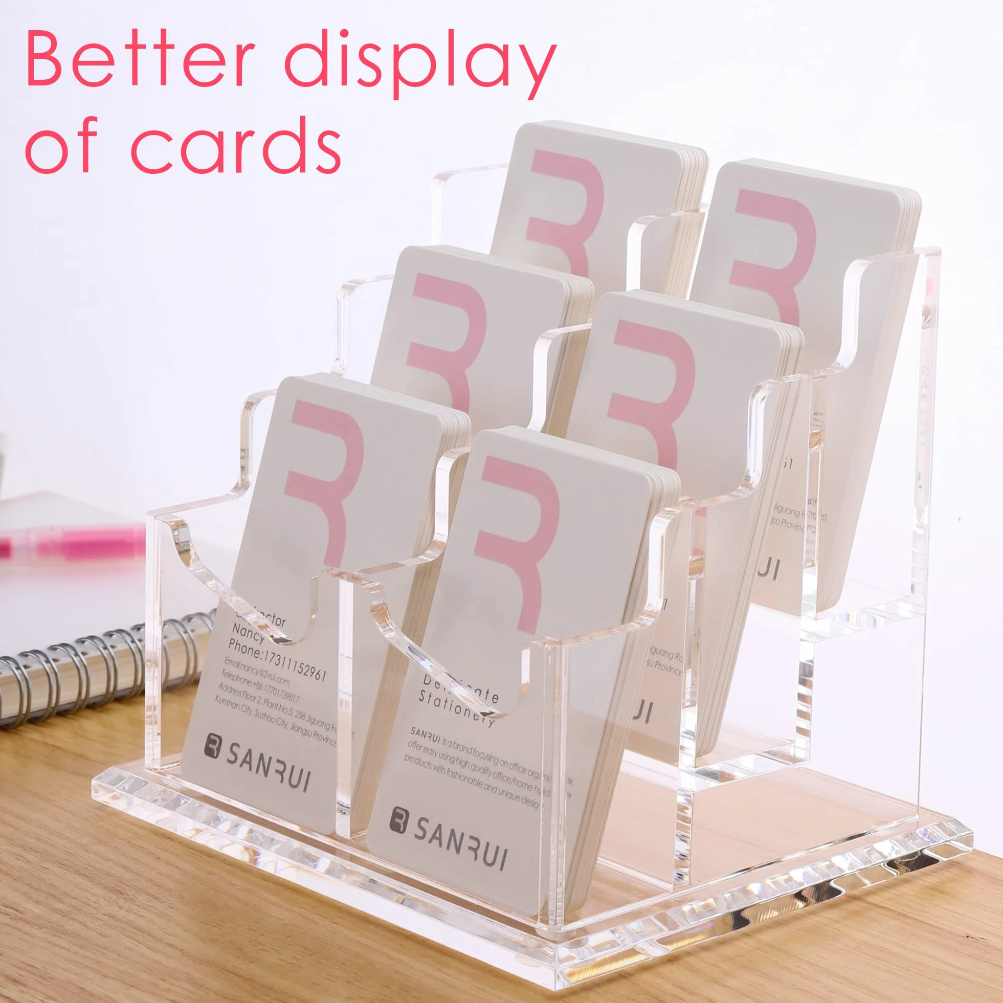 SANRUI Porta biglietti da visita verticale trasparente per scrivania, espositore da tavolo in acrilico, organizer per mostre, casa, ufficio, 3 ripiani, 6 tasche, capacità 360 carte