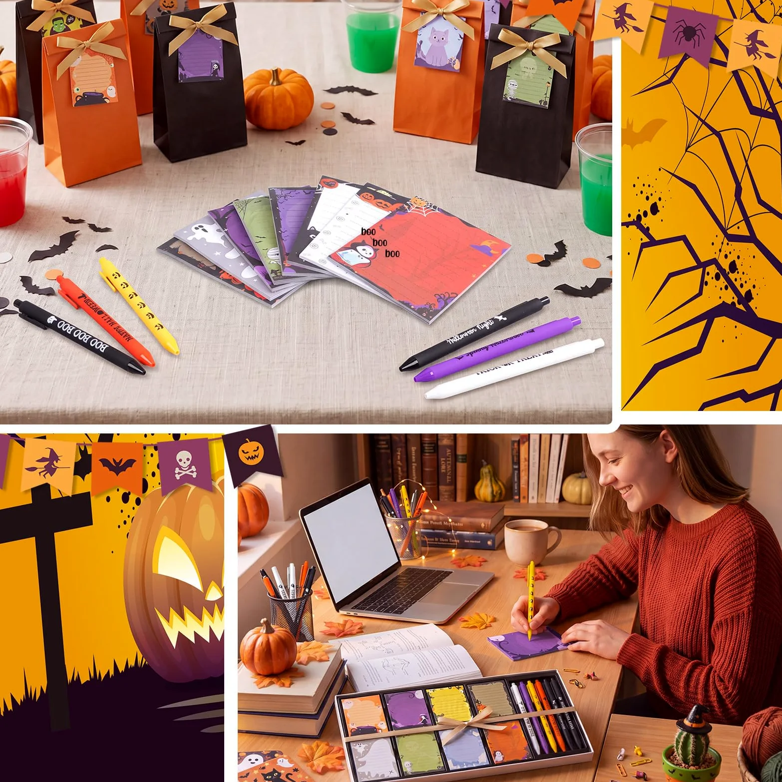 Marspark Set di 36 graziosi foglietti adesivi per Halloween, con penne | Set di blocchetti adesivi per appunti, con penne a sfera, ideali per ufficio, classe, Halloween, con nastri inclusi