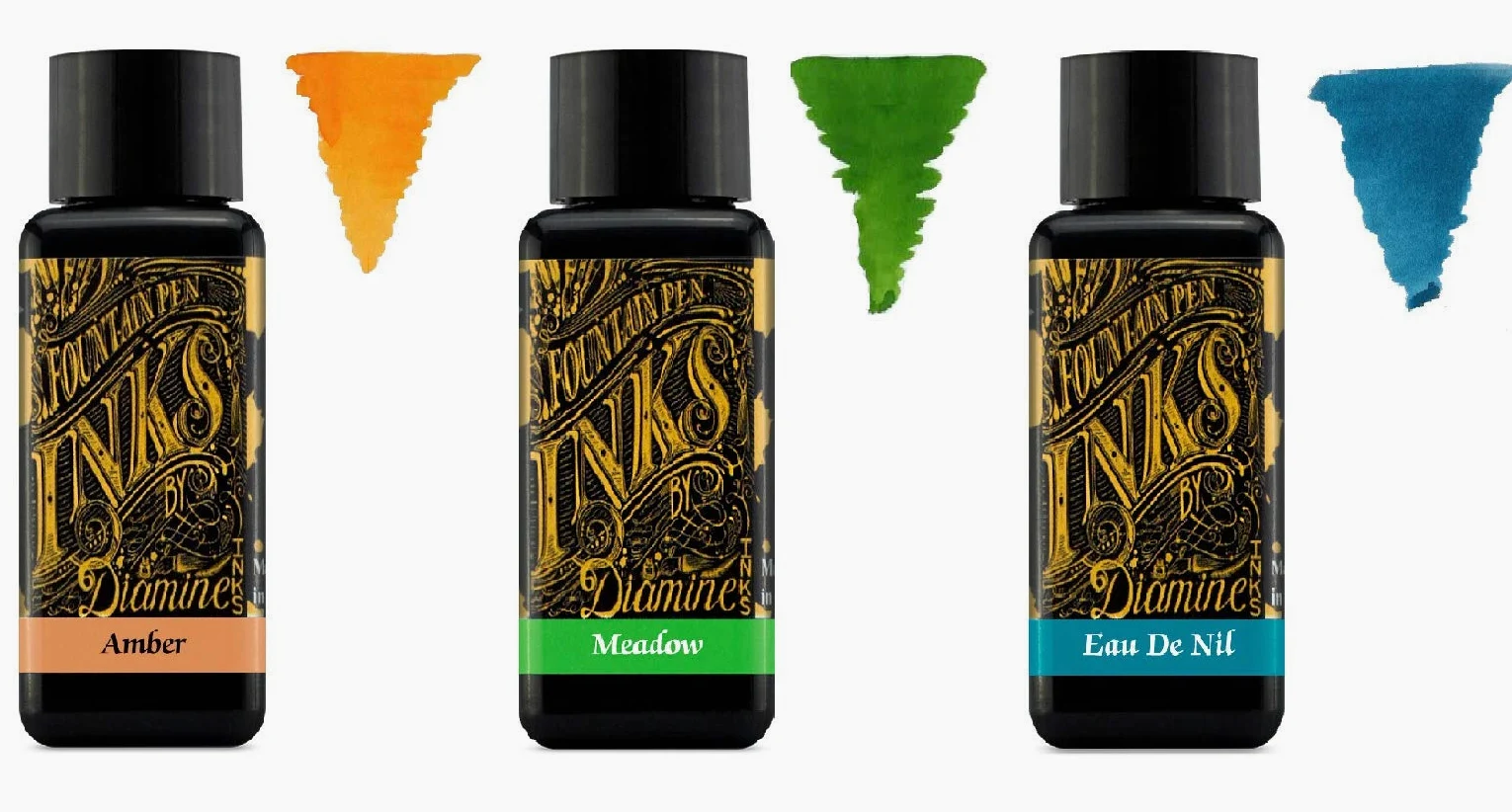 Diamine Inchiostro Per Penna Stilografica 30ml - 3 x Bottiglie - Amber, Meadow Green, Eau de Nil