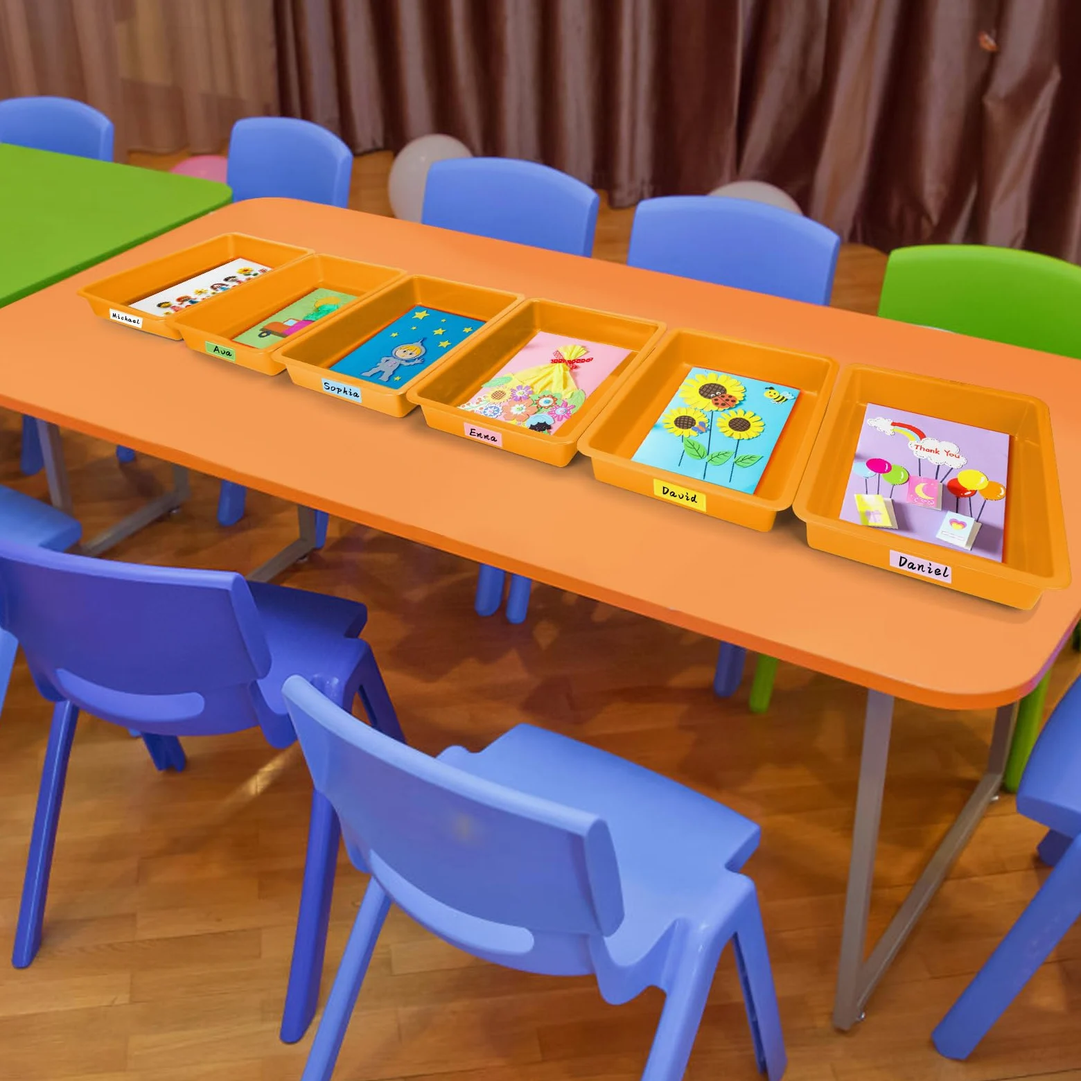 ShineMe Confezione da 6 vassoi di carta per classe, in plastica arancione con etichette colorate, vassoio impilabile formato lettera, vassoio organizer da scrivania per casa, scuola e ufficio