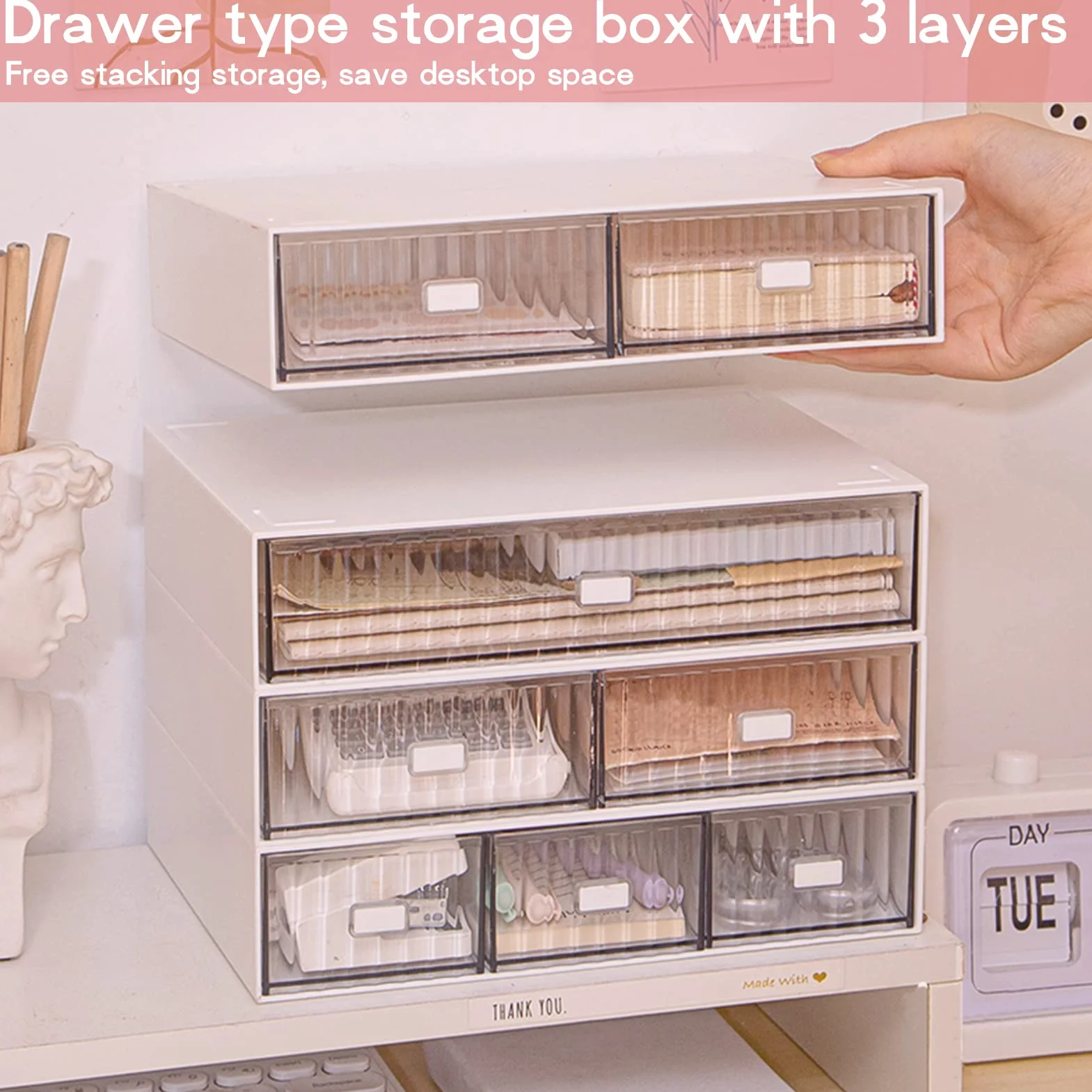 Organizer impilabile da scrivania con 6 cassetti, scatola portaoggetti in plastica a 3 livelli, cassetti da scrivania, portaoggetti staccabile per trucco, scuola, casa