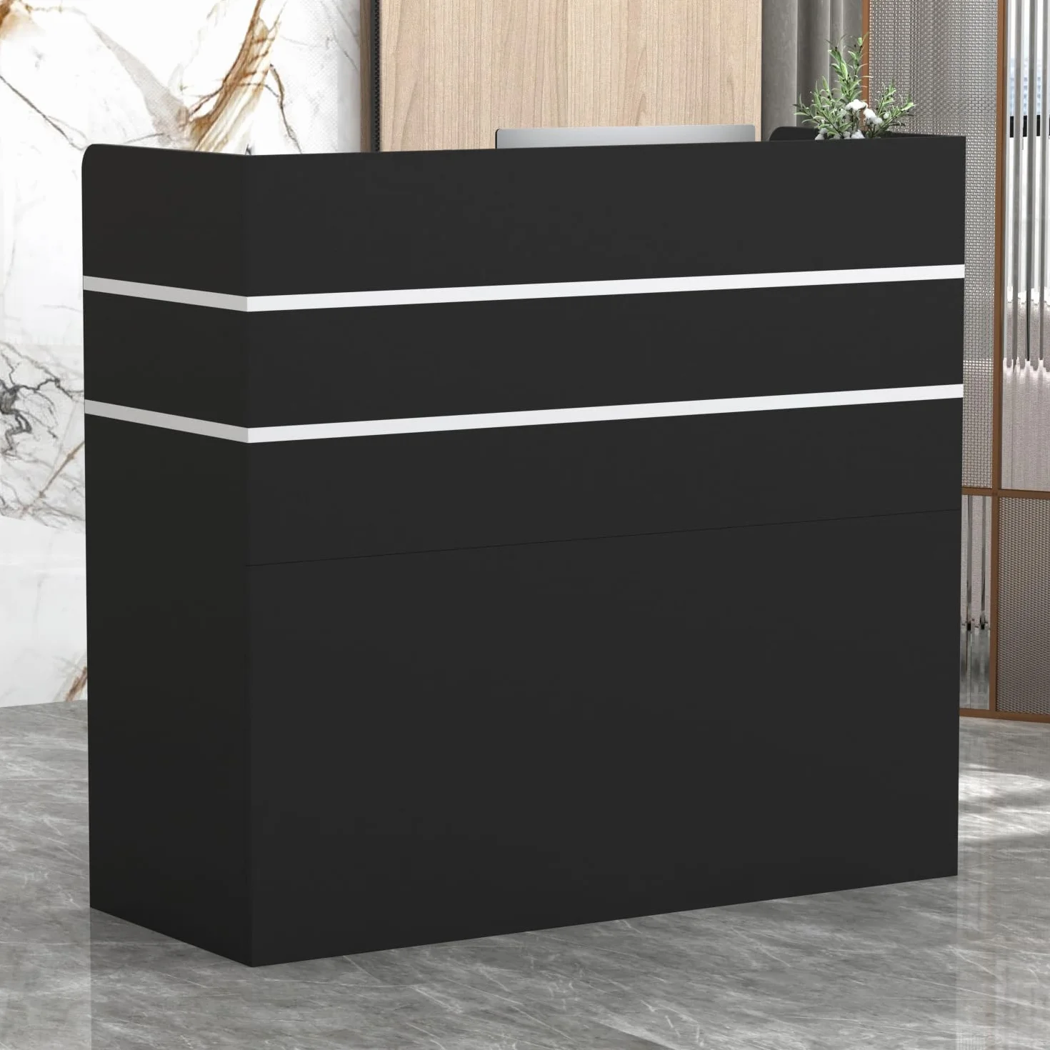 Bancone reception, tavolo bancone, bancone negozio banco vendita tavolo vendita, mobili ufficio mobili reception con 3 cassetti e 1 mobile, 110 X 120 X 48 cm, nero