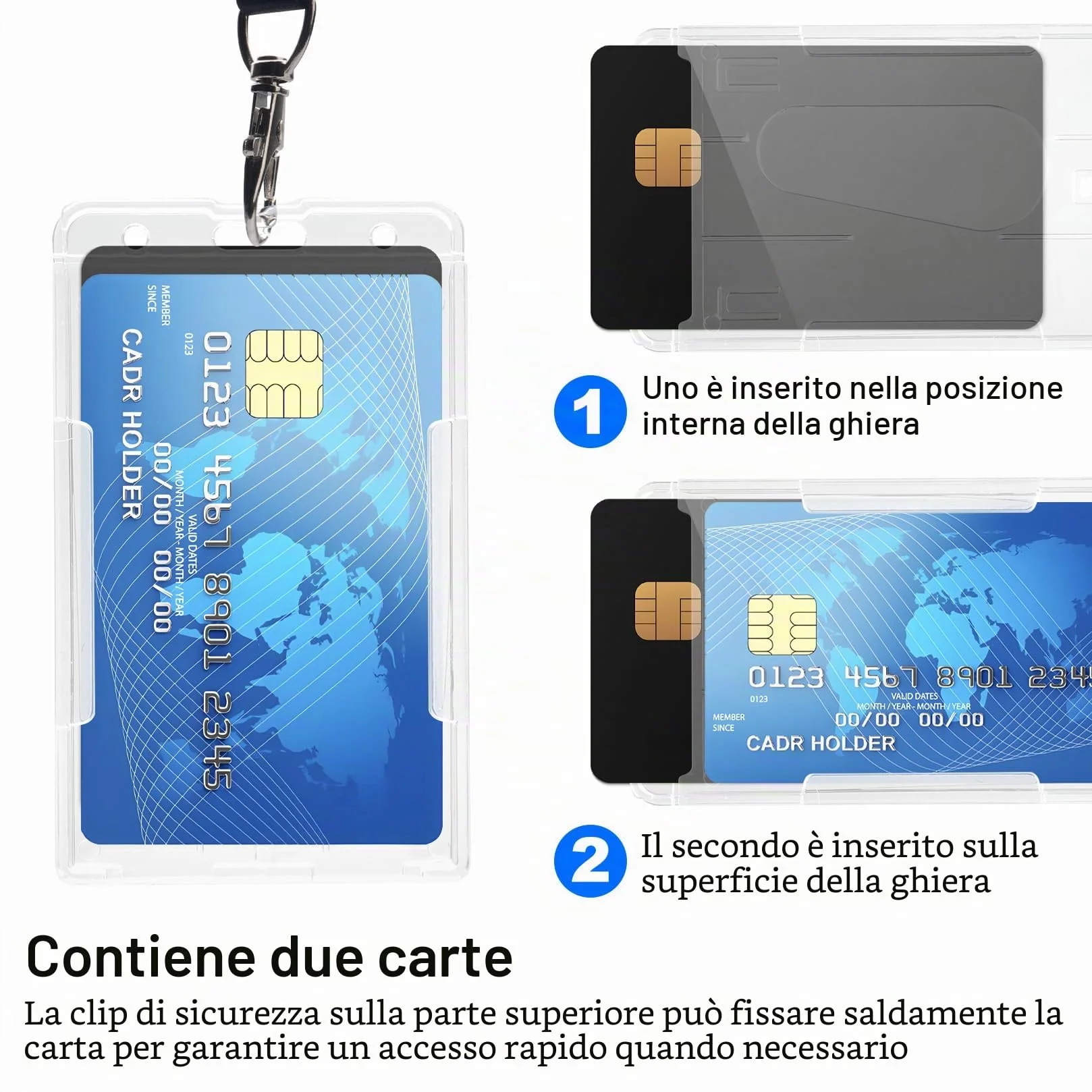 Porta Badge Retrattile con Cinturino, Portabadge Collo, Porta Tessere Custodie Trasparenti con Portachiavi Allungabile Filo Acciaio, 2 Set