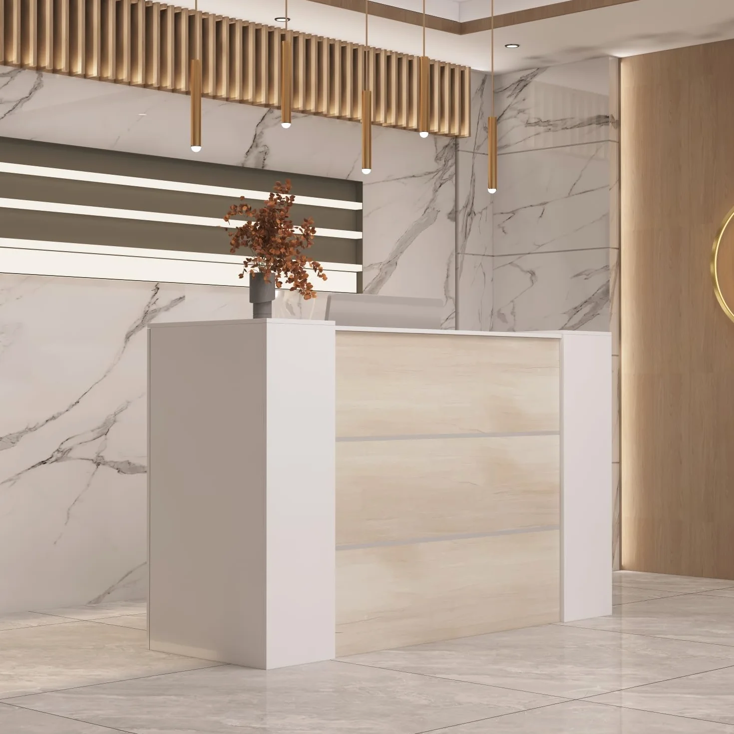 Banco di reception, grandi banchi con ripiani regolabili, bancone della reception, mobili da ufficio, colore legno e bianco, 180 x 60 x 110 cm, MDF, moderno ed elegante