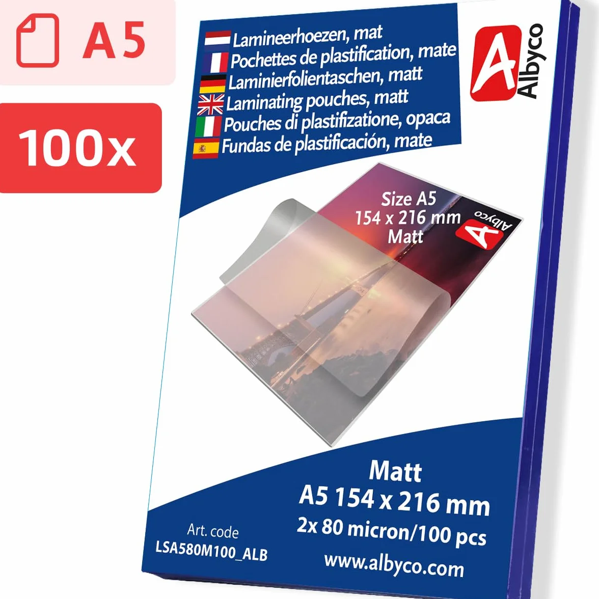 Albyco Buste per Laminazione Opaca A5 154x216 mm 160 Microns 100 Pezzi