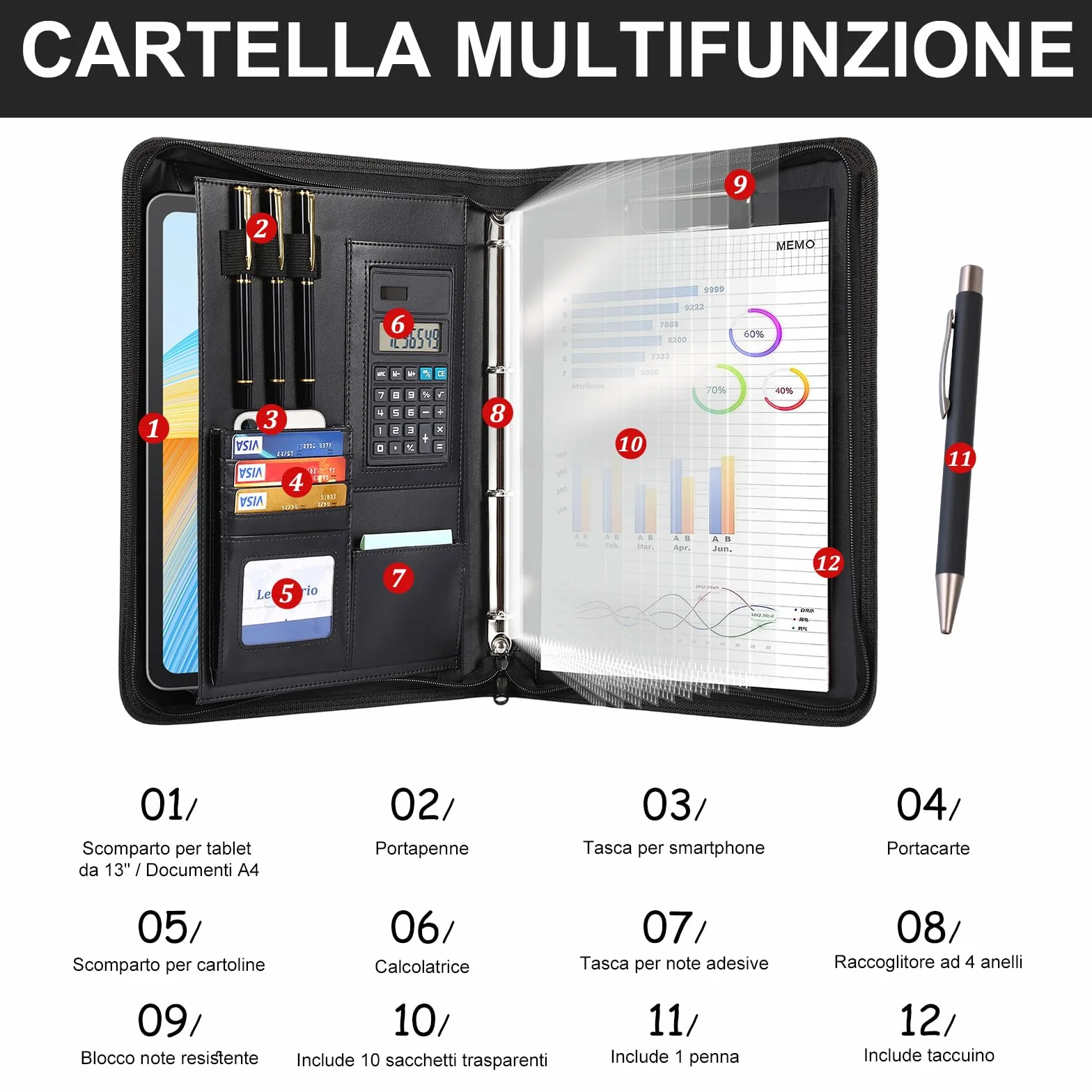 Leathario Cartella Portadocumenti A4 in Pelle PU Portablocchi Unisex per Ufficio Conferenza Cartellina Custodia Organizzatore con Quaderno regalo uomo