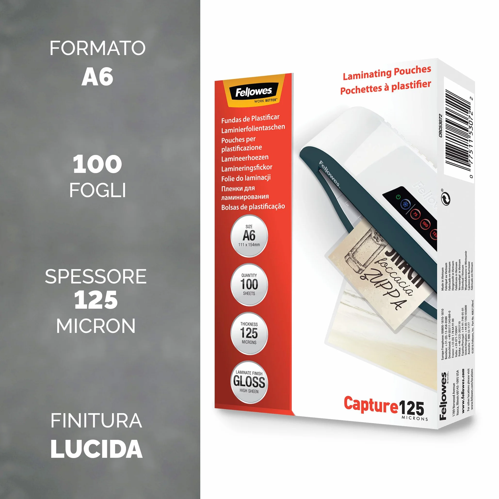 Fellowes Pouches plastificazione A6 lucida 100 pezzi 250 micron