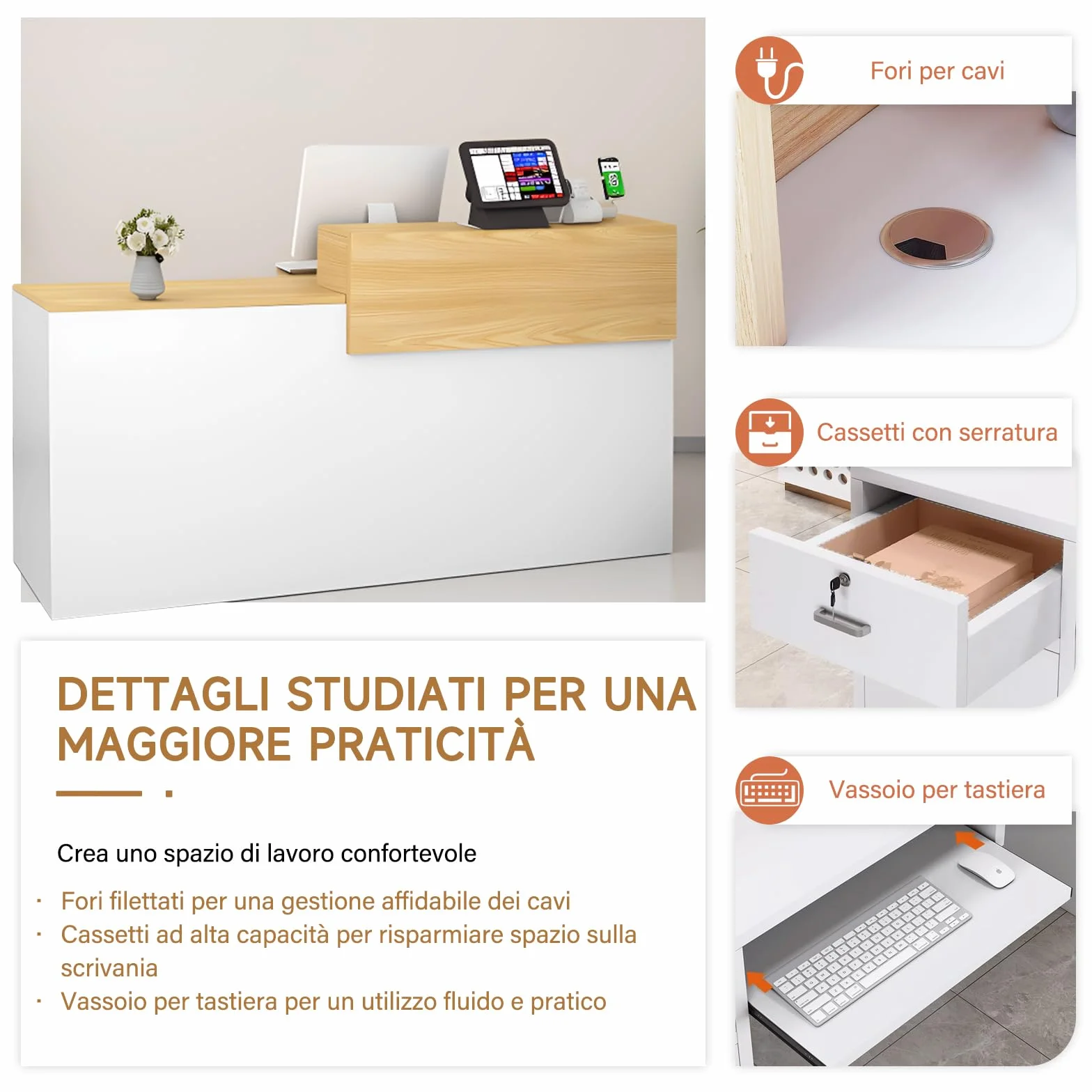 Bancone Reception con Cassetto e Ripiani Aperti, 100–240 cm Banco Reception Moderno per Uffici, adatto per Saloni, Hall e Negozi al Dettaglio