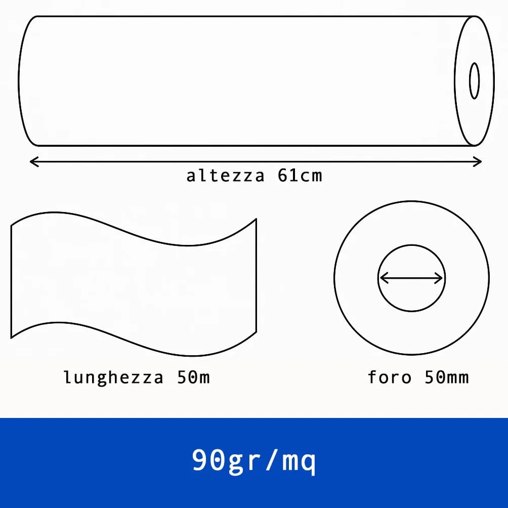 Carta Plotter 61cm x 50m 90g/m² Bianca Professionale Rotolo 4 Pezzi Foro 50mm Ø 96mm