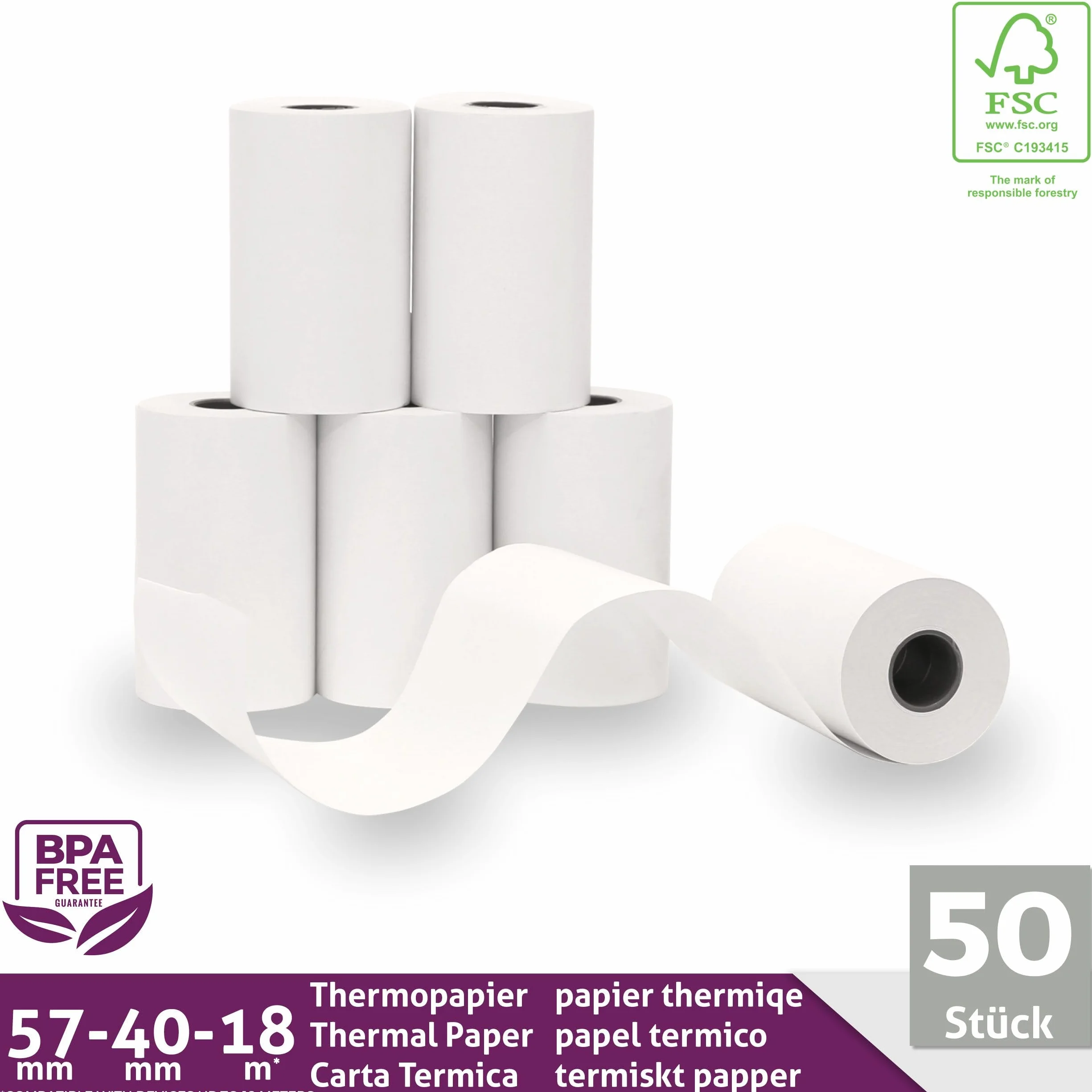 LYNNE - Rotoli POS 57x40x12 di carta termica per ricevute Bancomat - Rotolini compatibili con dispositivi POS - Rotolo 57mm x 18m x 12mm - [50x]