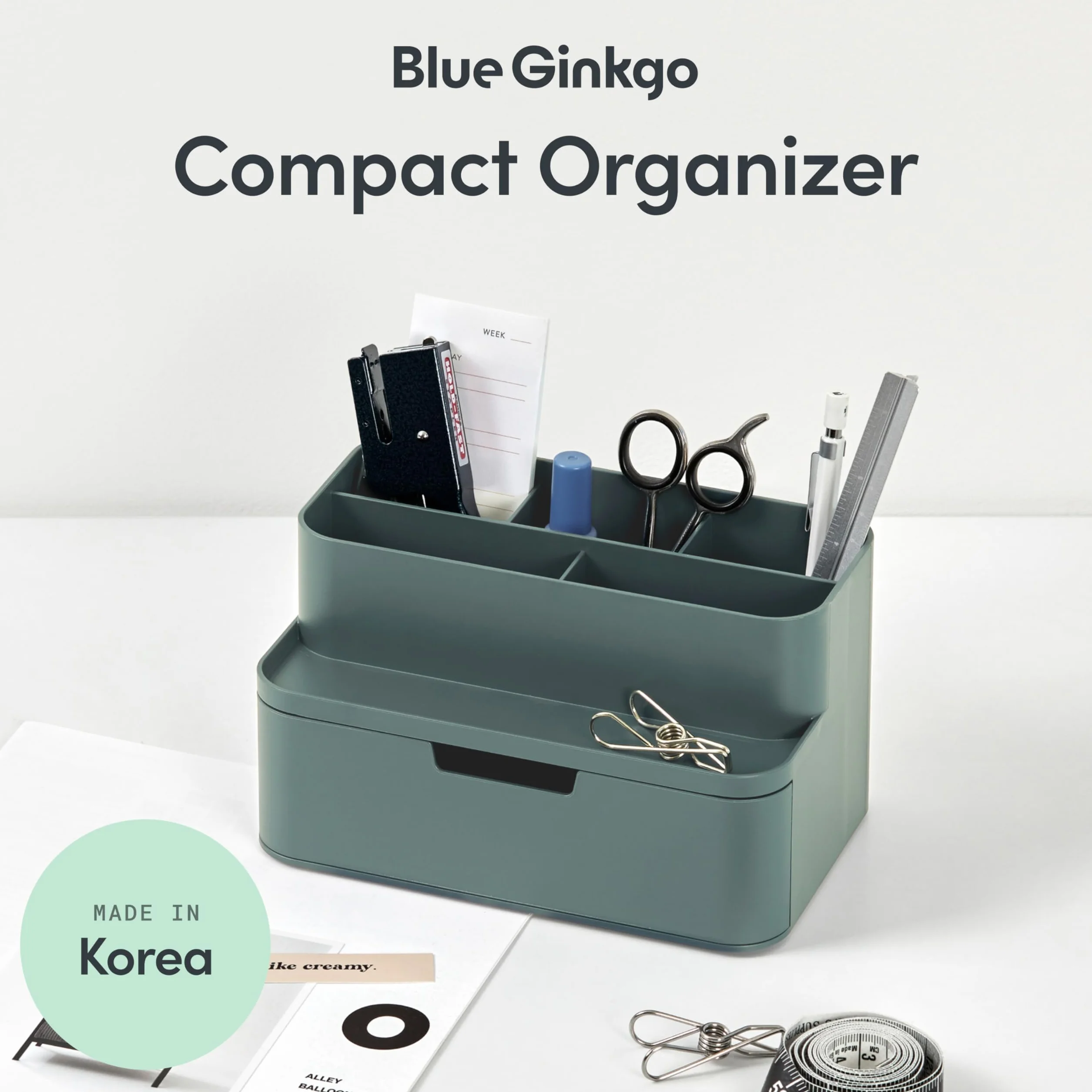 BLUE GINKGO Organizer Compatto da Scrivania 5 Scomparti Cassetto Parziale Verde Made in Korea