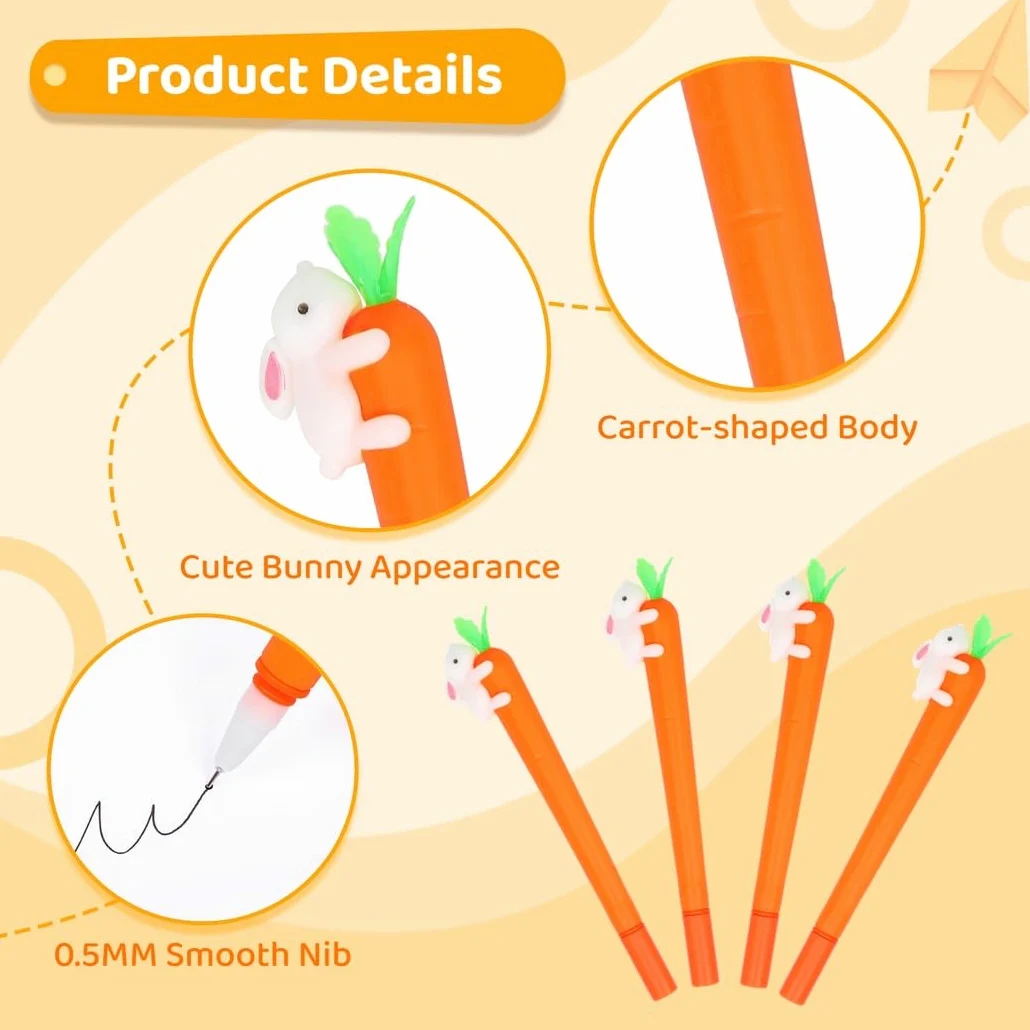 48 penne a forma di coniglietto a forma di carota, penne a inchiostro gel con inchiostro nero da 0,5 mm, penne firmate per casa, ufficio, scuola, articoli di cancelleria