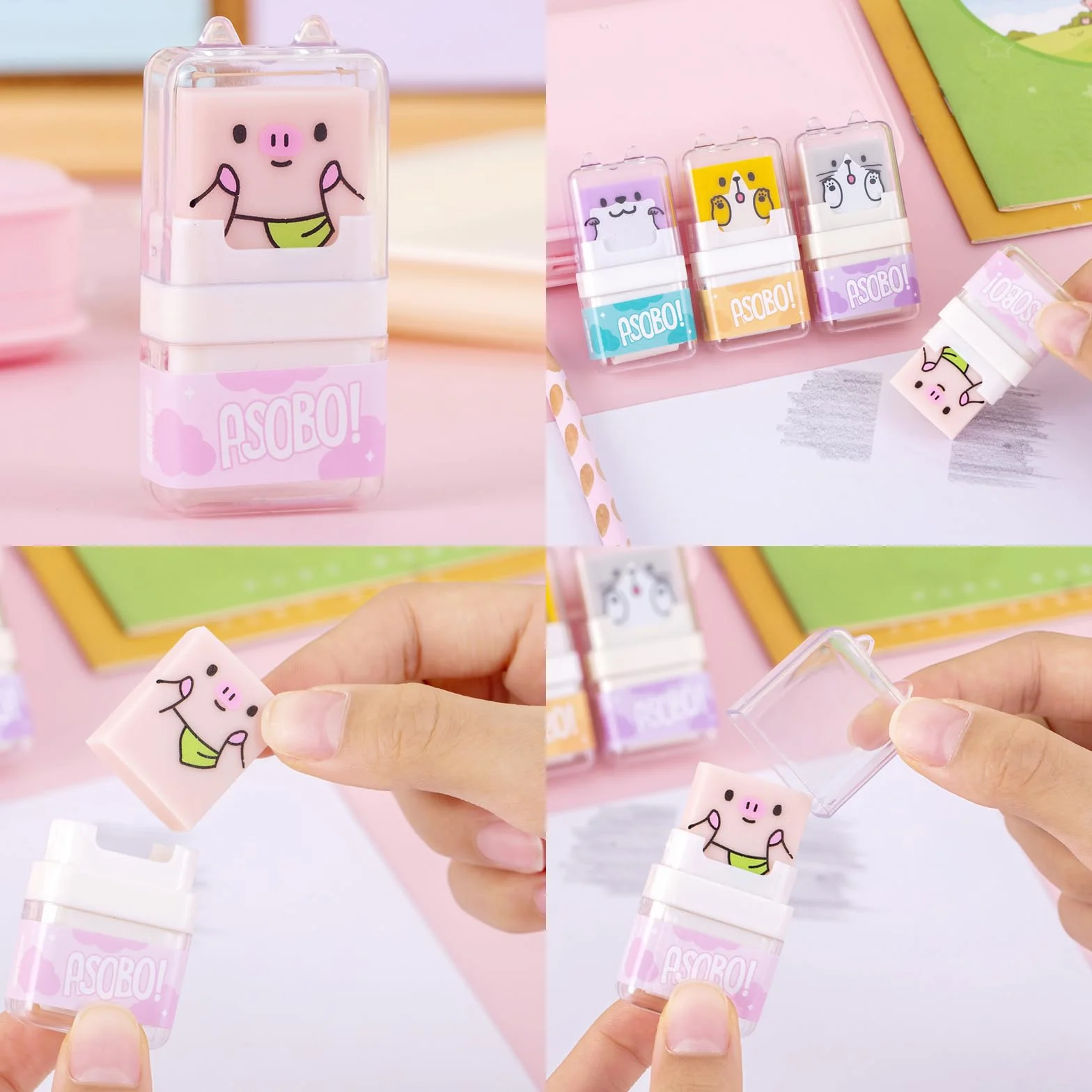 Set di 4 gomme da cancellare per bambini animali carini con rullo di pulizia e custodia