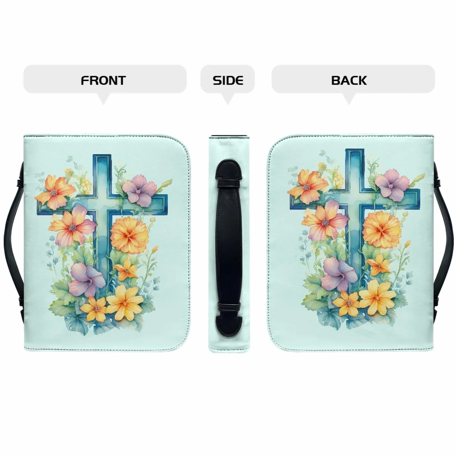 Personalizzata Custodia Bibbia in Pelle con Cerniera Grande Borsa Biblica Donna Uomo Fiore Crocifisso Azzurro L