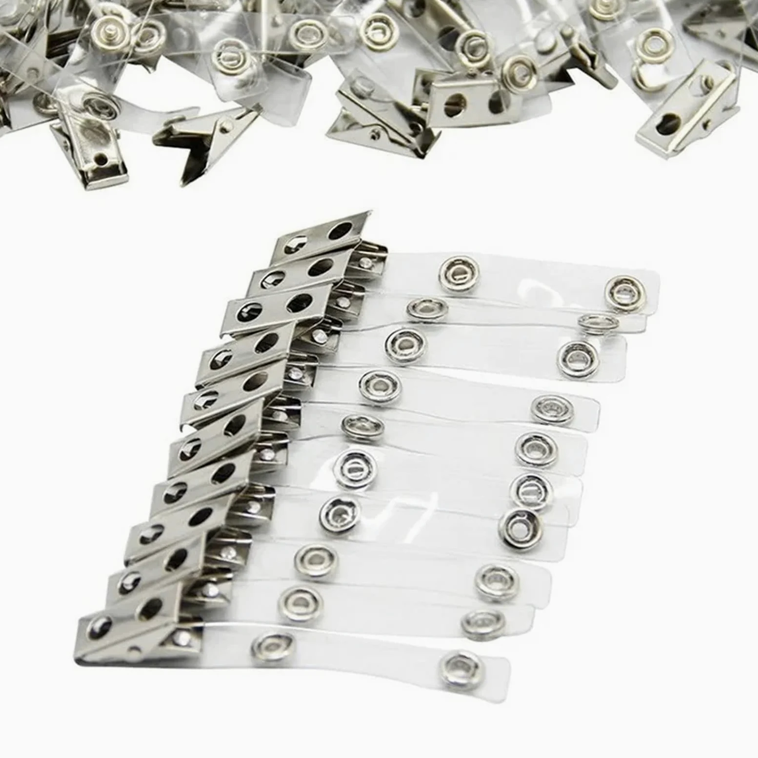 Clip per badge in metallo con cinghie in PVC trasparente, 200 pezzi, porta badge, accessori clip trasparente per targhetta identificativa con nome a doppio foro, clip per carte per personale