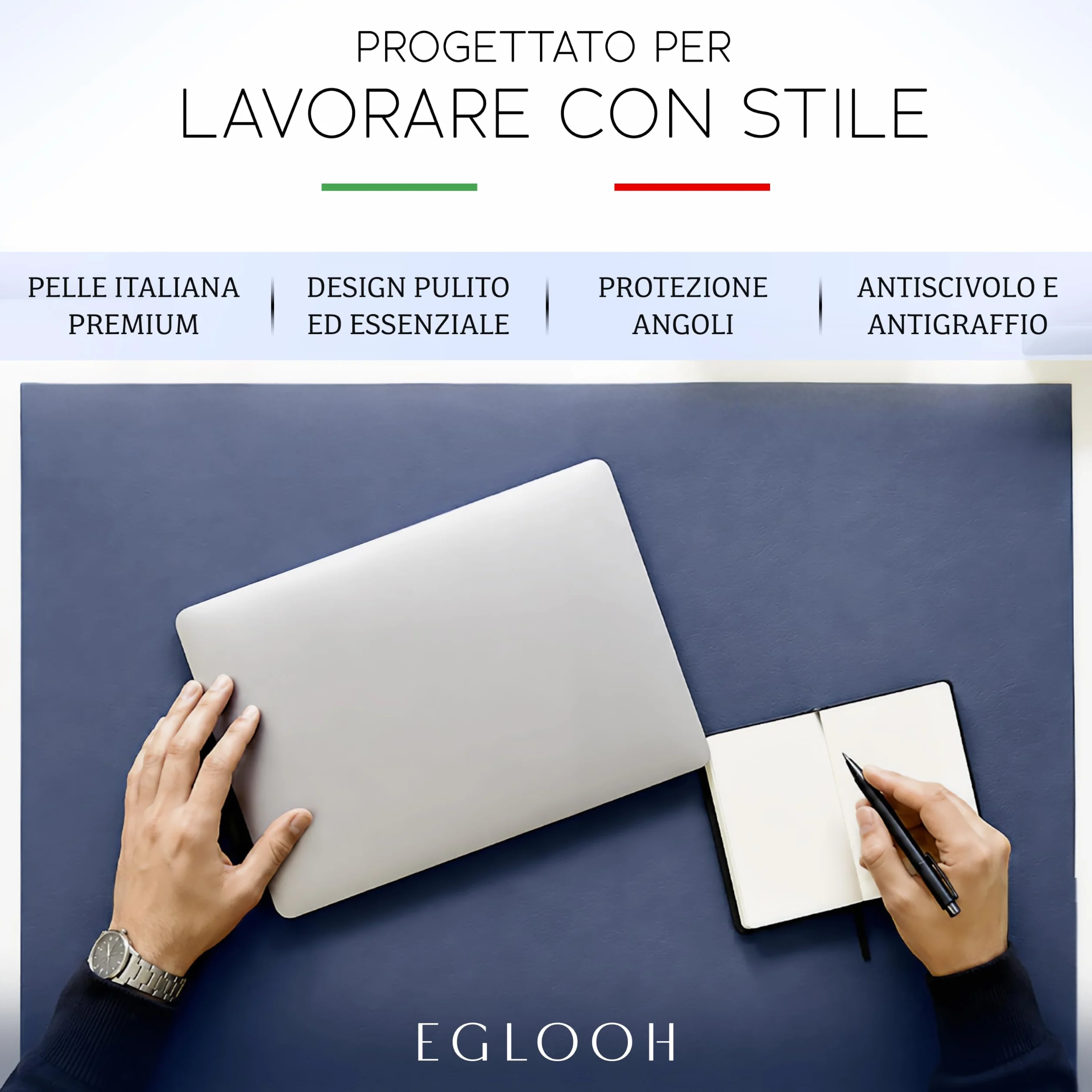 Eglooh – Adamantis – Sottomano Scrivania Pelle Vera con Proteggi Spigolo – Tappetino Scrivania XXL Elegante e Antiscivolo – Accessori Scrivania Ufficio Made in Italy