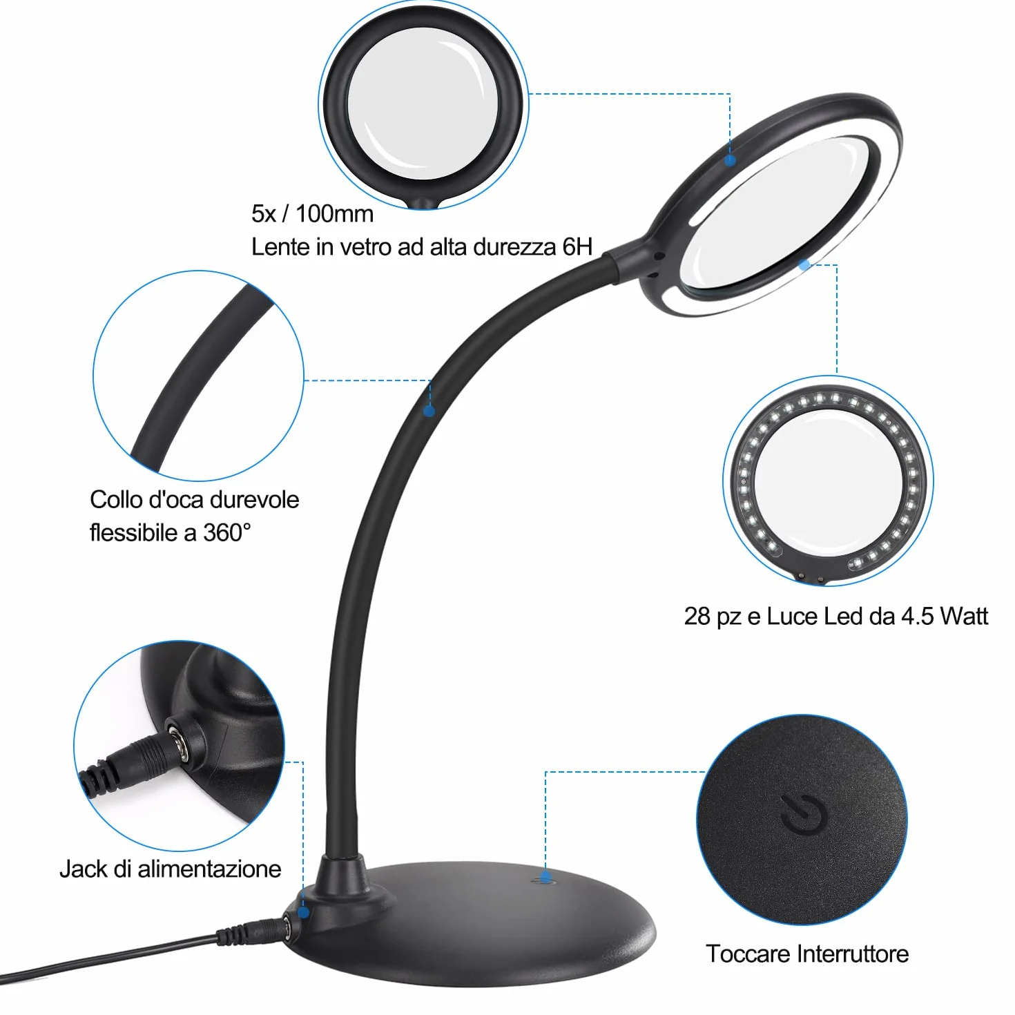 Lente d'ingrandimento ricaricabile 5X con luce e supporto, lente d'ingrandimento illuminata DUDSOEHO a mani libere per lettura, anziani, hobby, artigianato