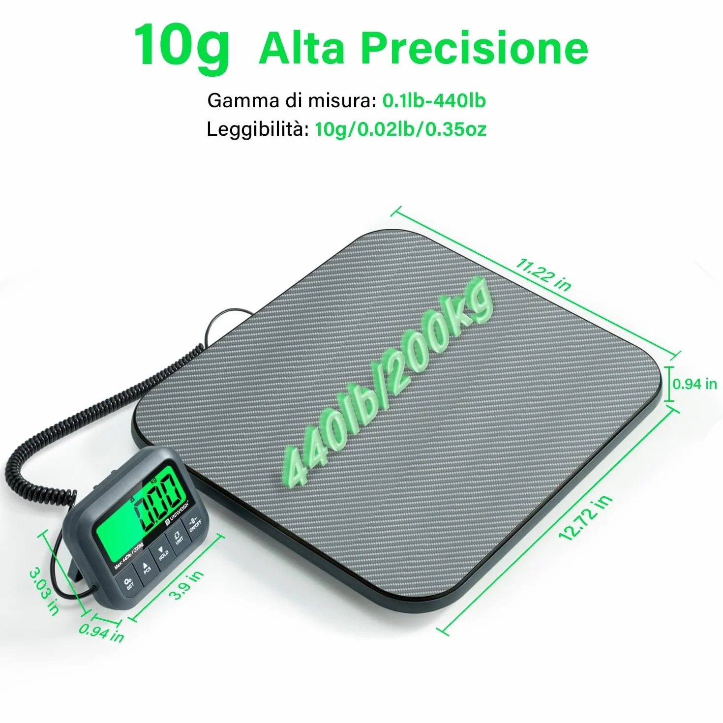 UNIWEIGH Bilancia Postale Digitale 200kg 10g Alta Precisione con Funzione Hold Tara Conteggio