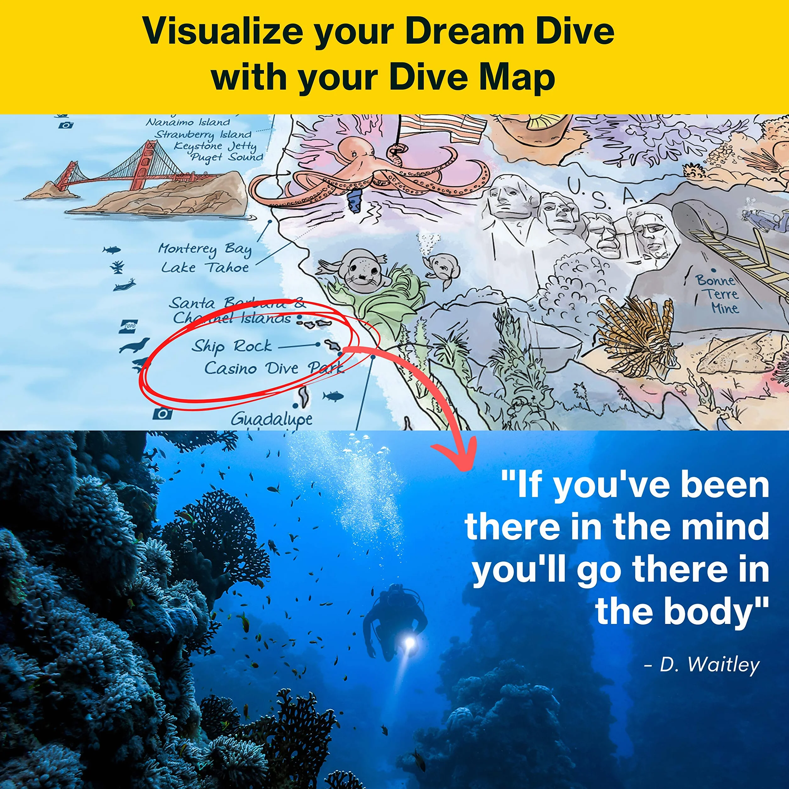 Dive Map by Awesome Maps - Mappa del mondo illustrata per gli appassionati di immersioni - riscrivibile - 97,5 x 56 cm