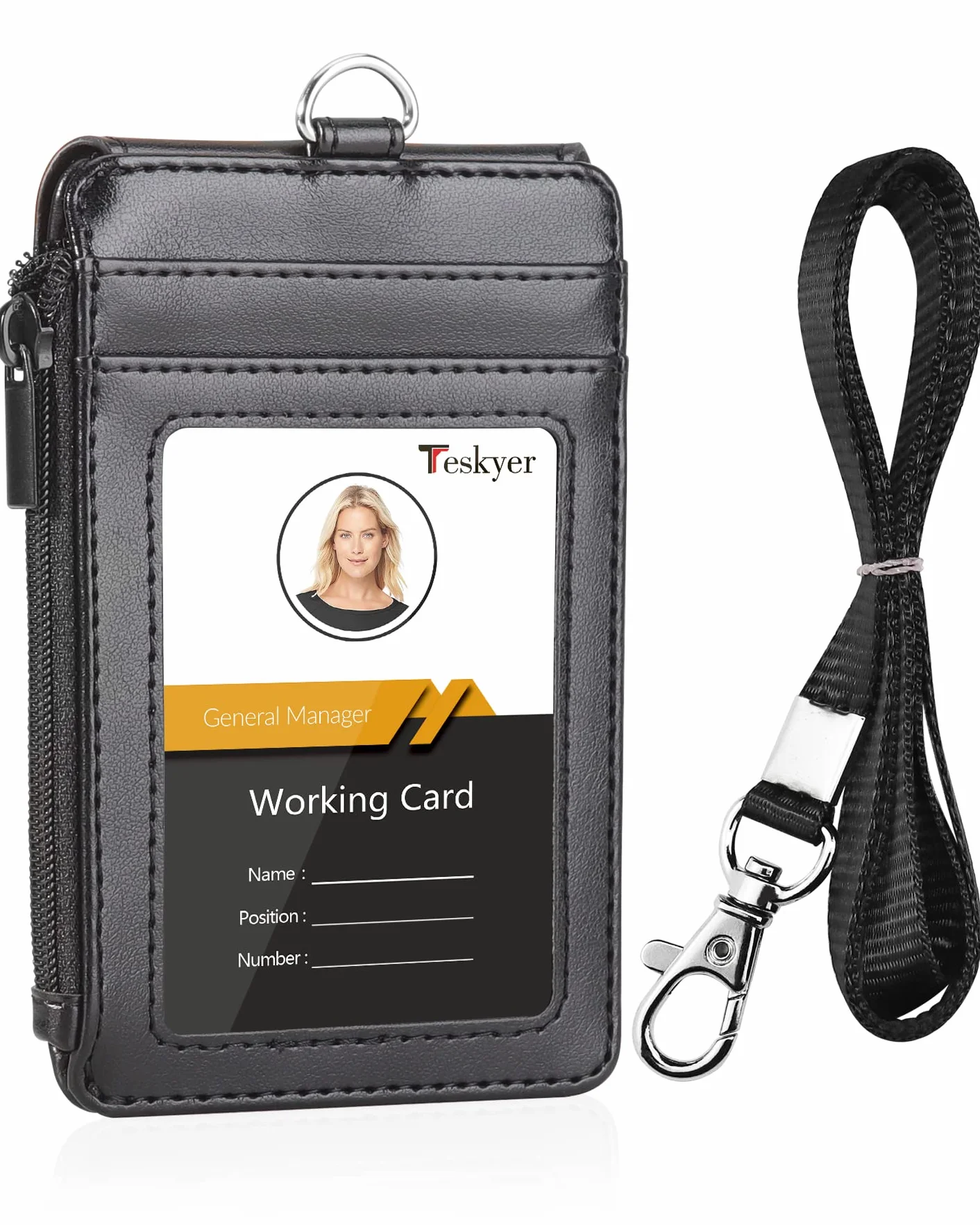 Teskyer Porta Badge da Collo in Pelle PU con Cordino Nylon e Gancio Acciaio Inossidabile, Tasca Cerniera, 1 Finestra ID, 3 Slot Schede