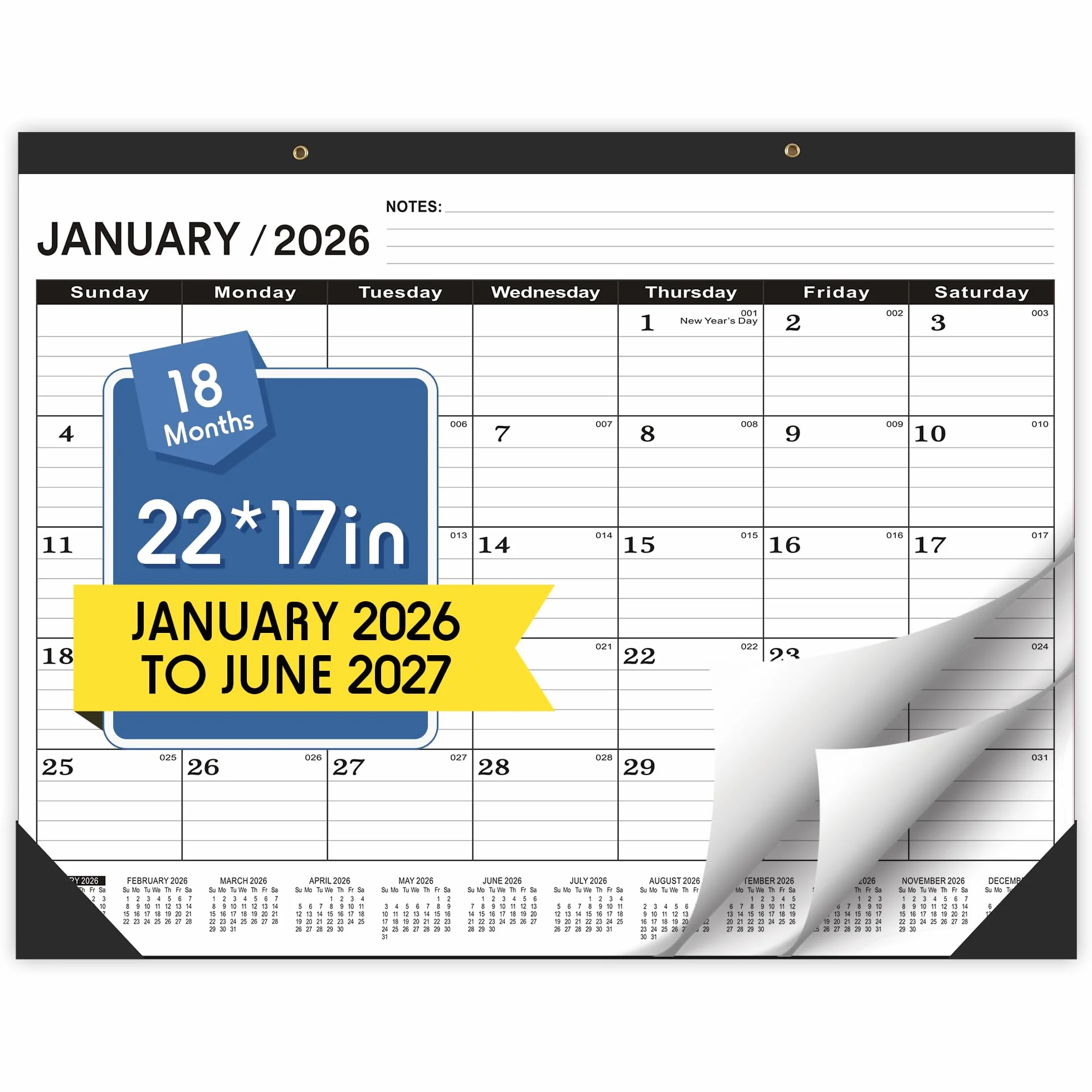 Wabhas Calendario da scrivania 2024, grande, 55 x 43 cm, da gennaio 2024 a giugno 2025, calendario 2024, 18 mensili, grande calendario da parete 2024-2025, con fori rotondi e lista note (nero)