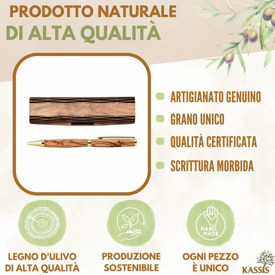 KASSIS Penna a sfera in legno d'ulivo - Realizzata a mano con bellissime venature e testo personalizzato in un'elegante scatola di legno - Penna a sfera personalizzata (Con incisione)