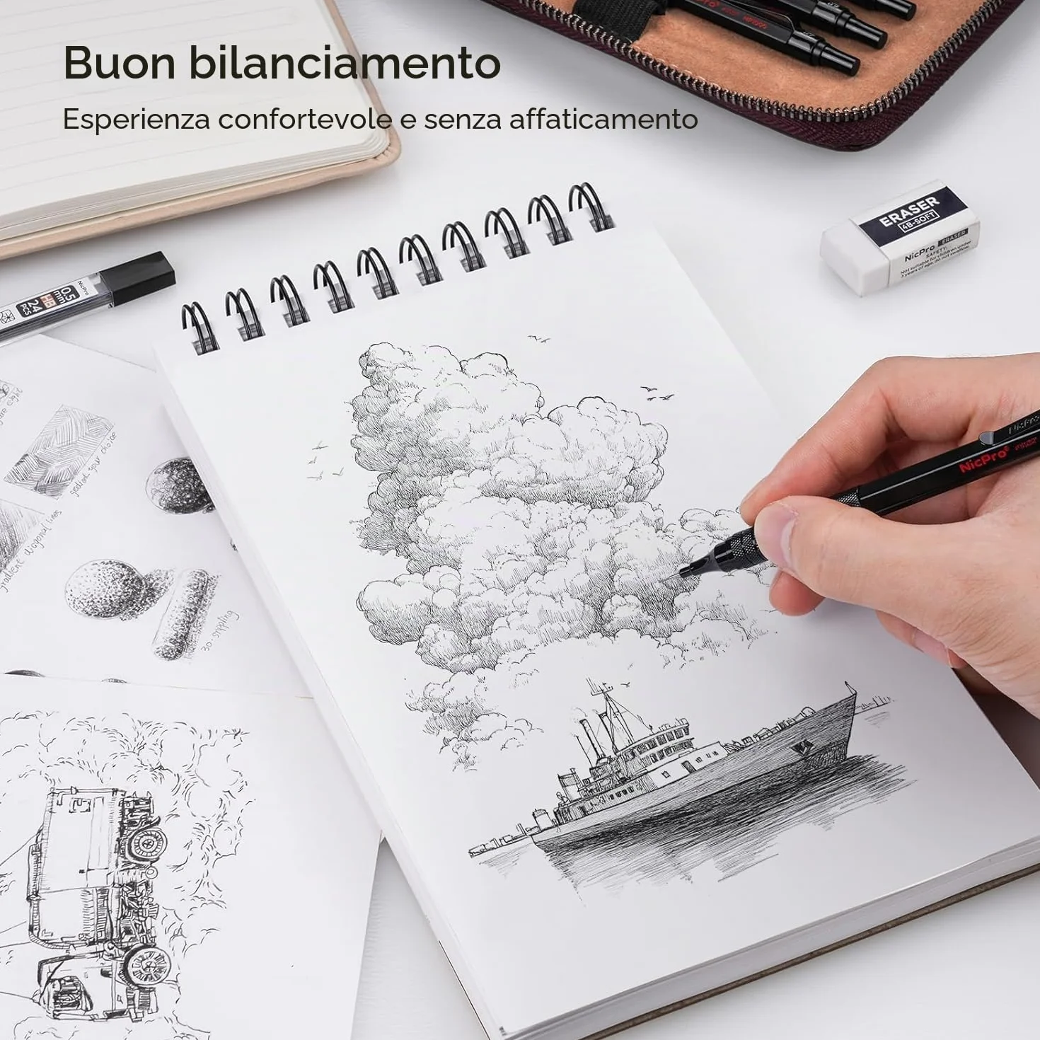 Nicpro 6 pezzi matite meccaniche in custodia pelle, portamine da disegno artistico da 0,3 0,5 0,7 0,9 2 mm per schizzi e scrittura, matita con 18 ricariche di mine (6B 4B 2B HB 2H 4H colori)