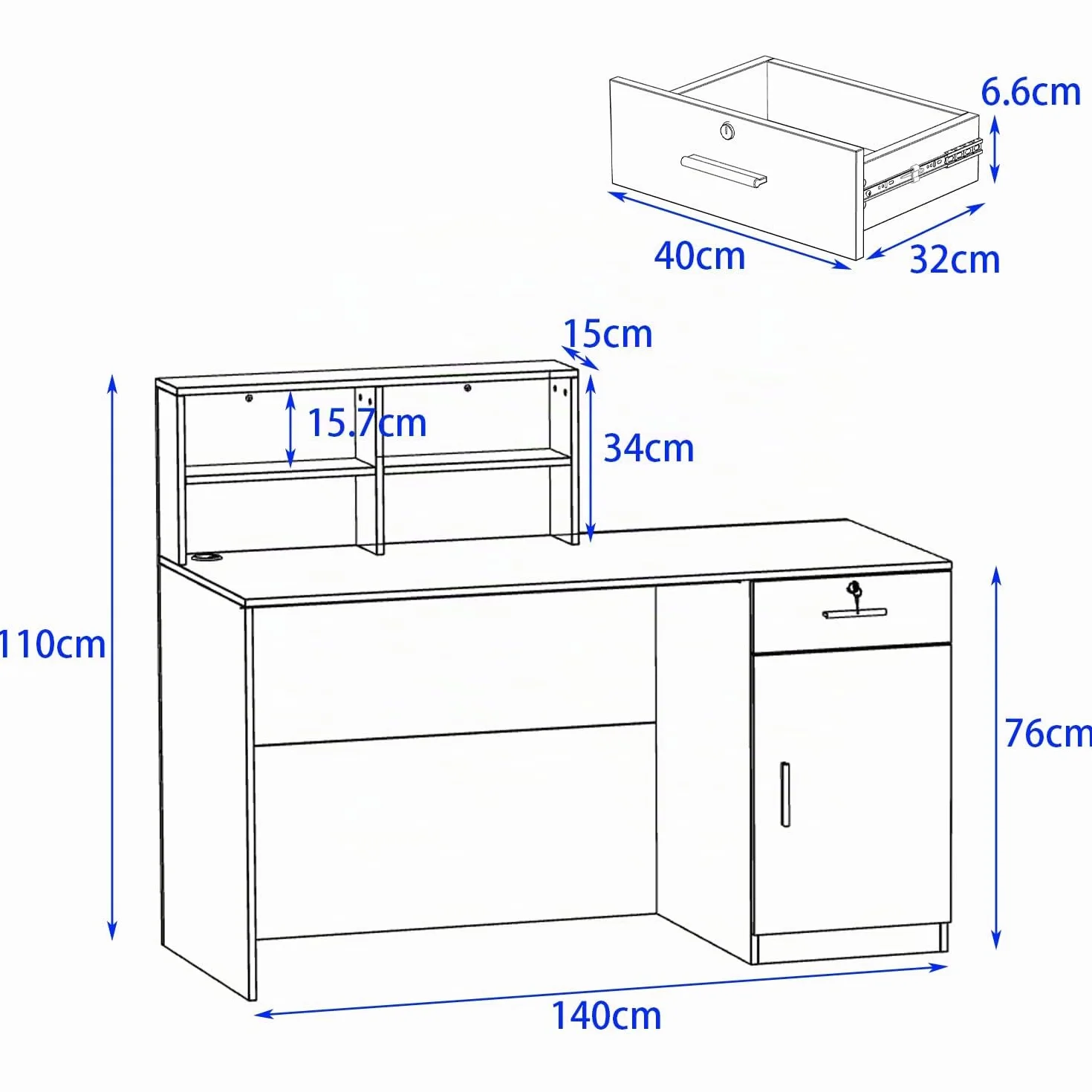 Banco della reception, grande bancone della reception, cassette con scomparti aperti, reception, banconi della reception, mobili da ufficio, colore legno e bianco, 140 x 60 x 110 cm, MDF