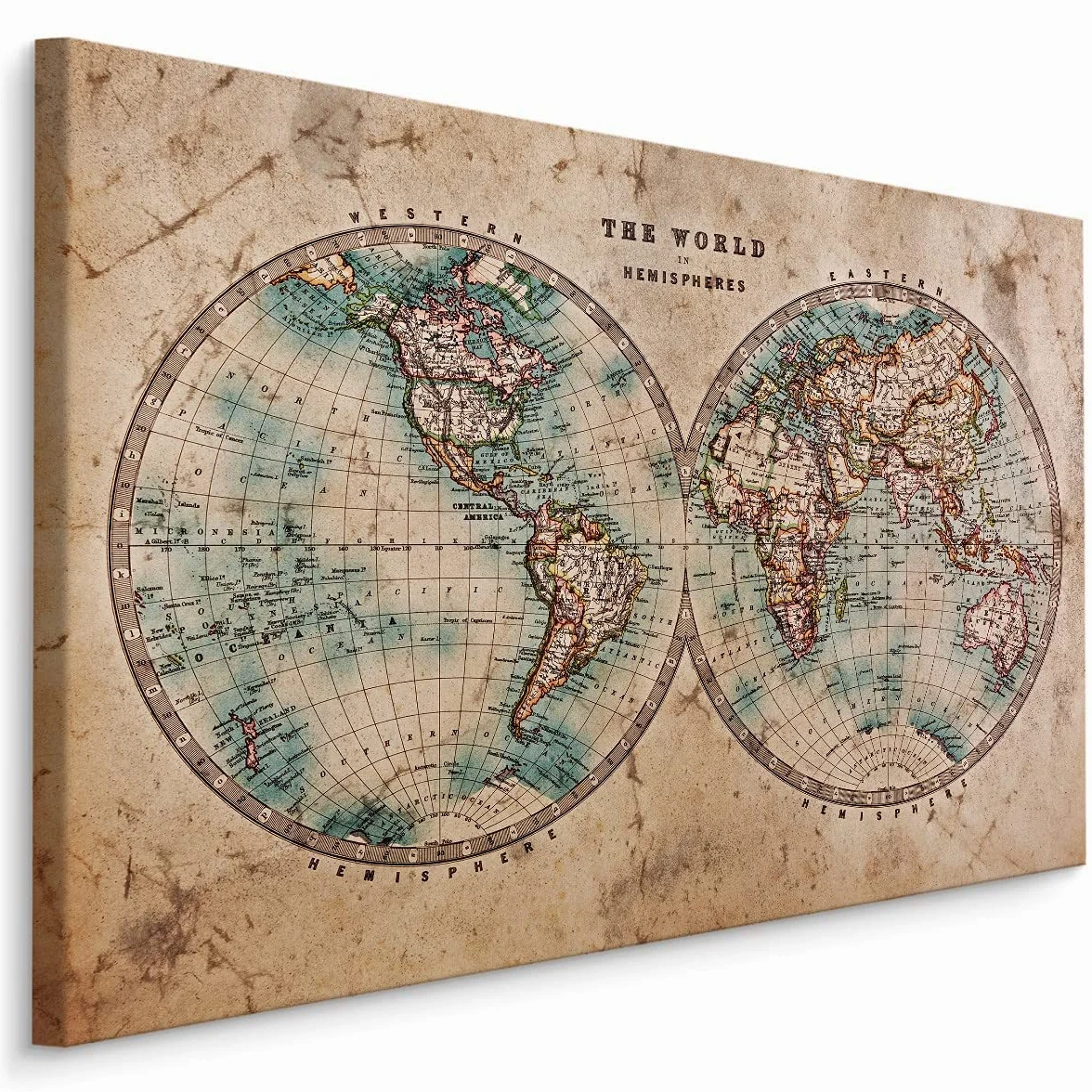 Muralo Quadro su Tela Mappa del Mondo, Continenti, Paesi - 100x70 cm | Stampa artistica su tela tesa su telaio in legno, dettagli geografici nitidi e colori resistenti, pronta da appendere,
