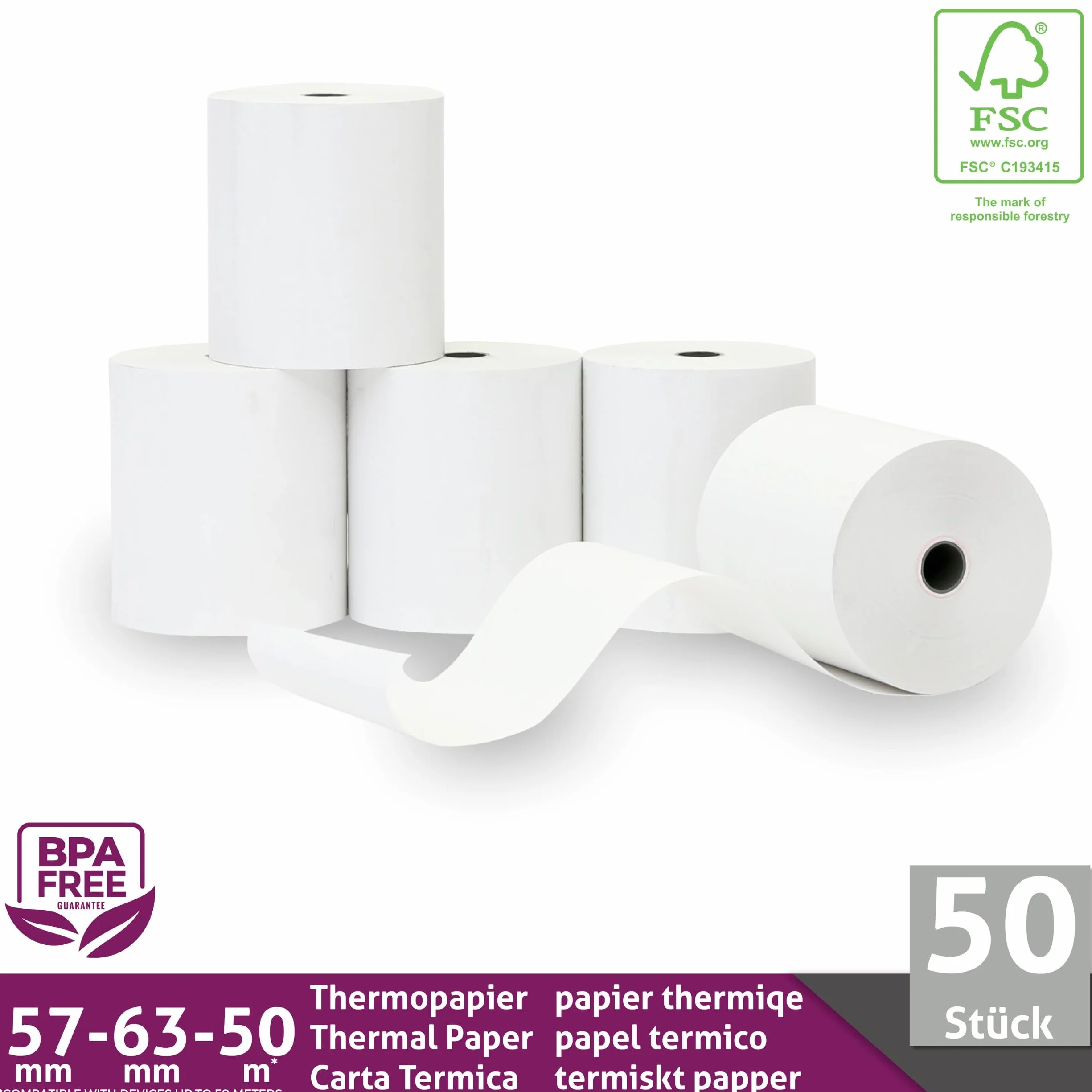 Rotoli termici 57 mm x 63 mm x 12 mm – Rotoli per registratori di cassa con stampante – Carta termica per sistemi di cassa – Senza BPA (57 – 58 x 63 x 12) (50 rotoli)