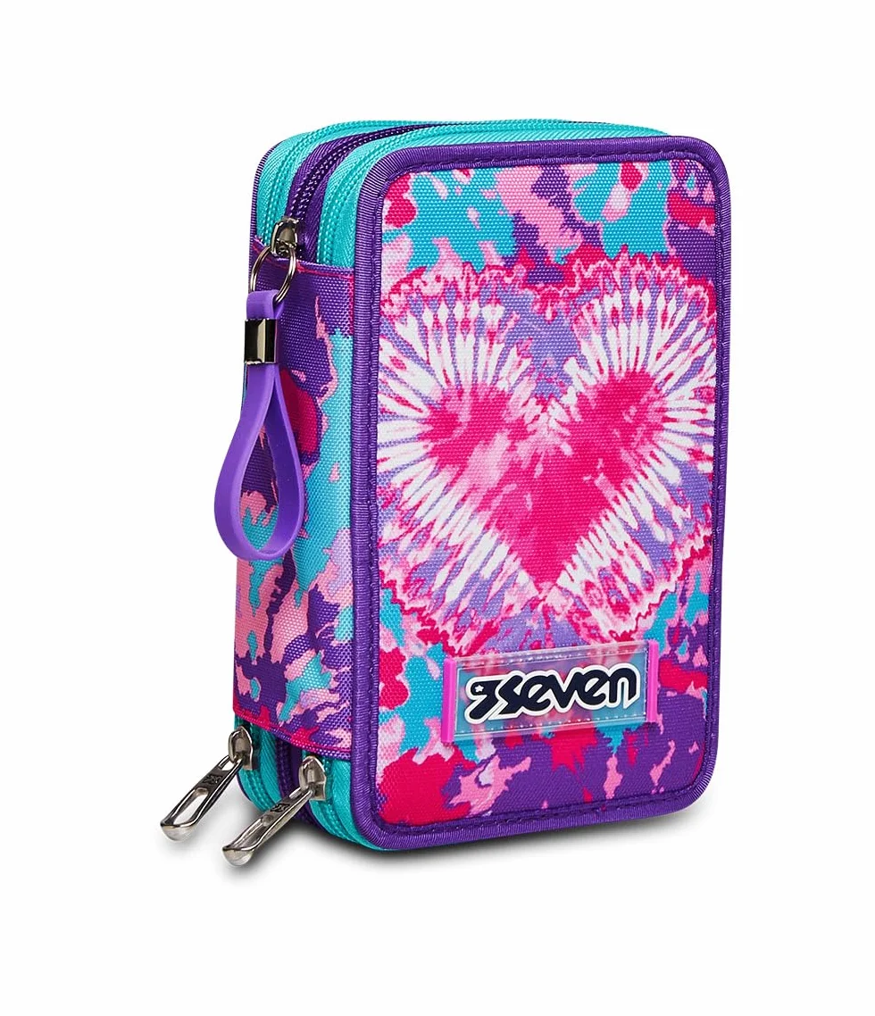 Seven Astuccio Scuola Elementare 3 scomparti con Matite Pennarelli Penne 3 Zip Trendy Heart Girl rosa/azzurro