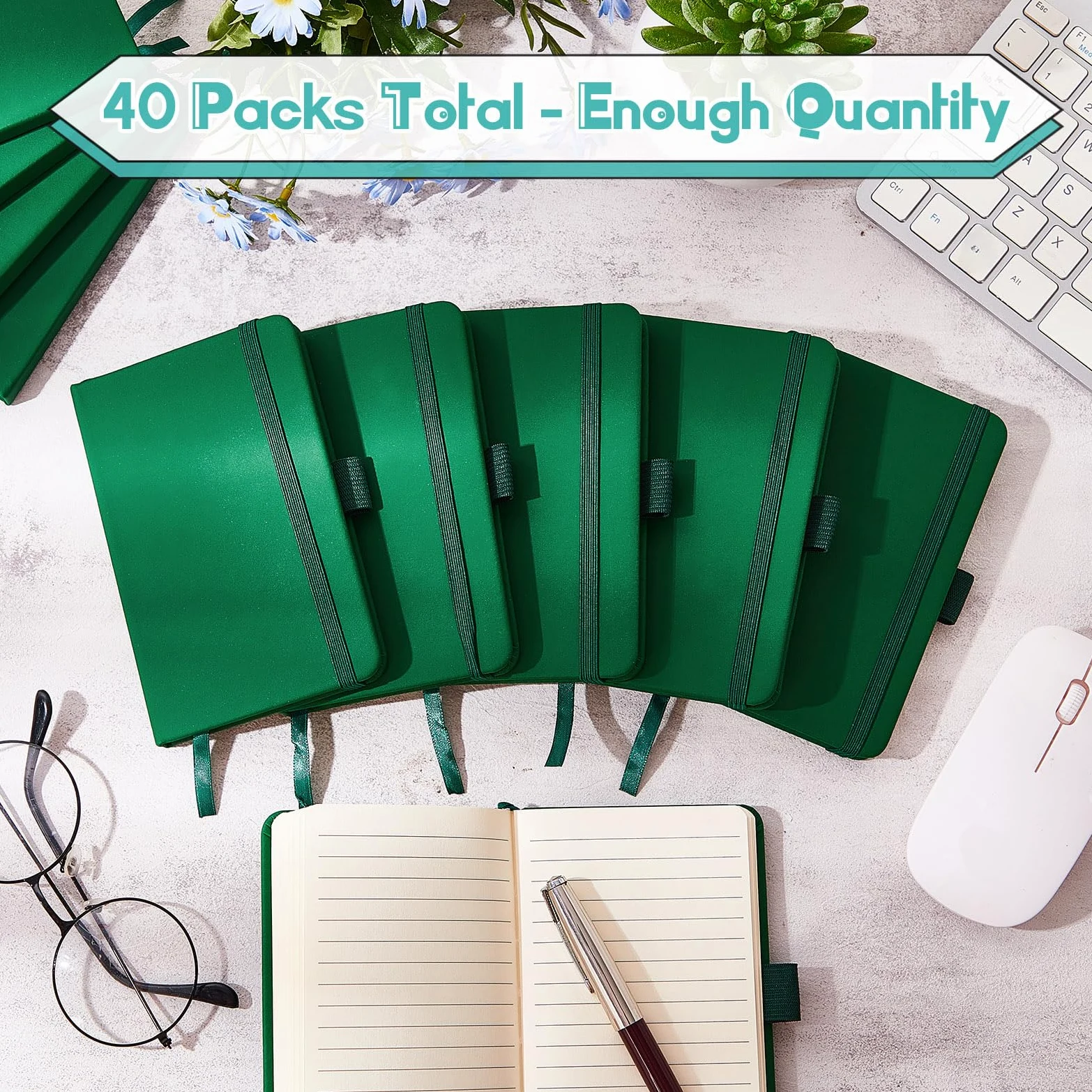 40 quaderni piccoli formato A6 tascabile, 3,5 x 12,5 cm, piccolo quaderno in pelle a righe, con fascia elastica portapenne, nastro per diario scolastico, ufficio (verde)