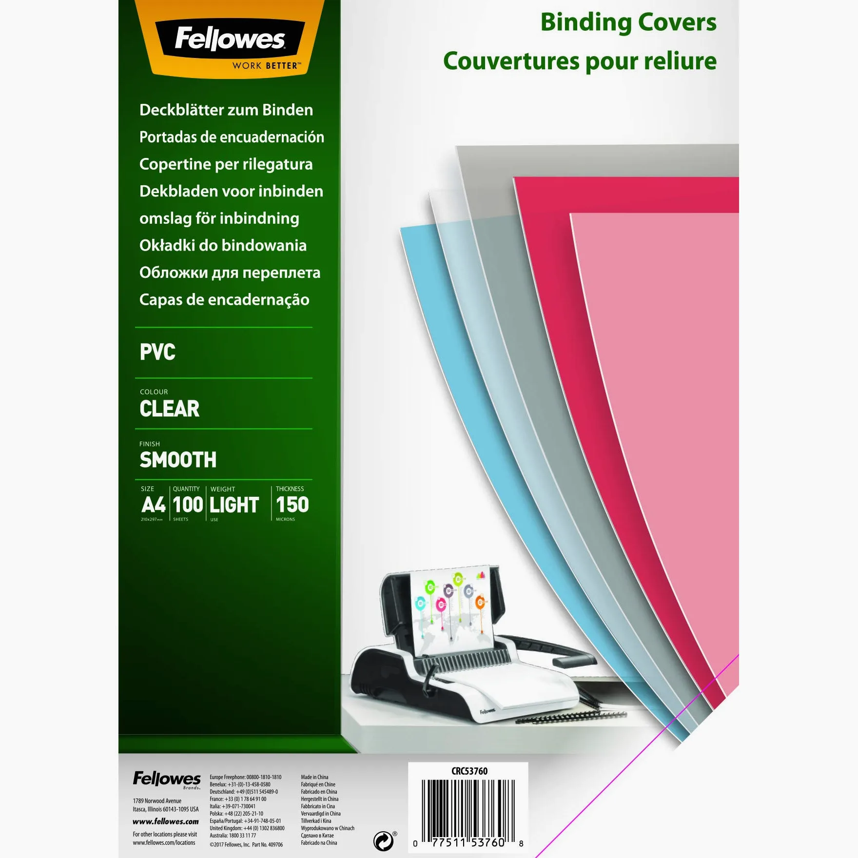Fellowes 5227901 Rilegatrice Dorsi Starlet 2+, 12 Fogli & 5376001 Copertine per Rilegatura in PVC Trasparente, Formato A4, 150 Micron, Confezione da 100 Pezzi