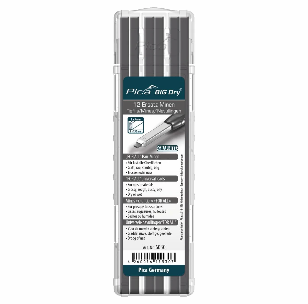 Pica 6030 Grafite 2B idrosolubile Sezione 2×5 mm 12 pezzi per legno plastica piastrelle