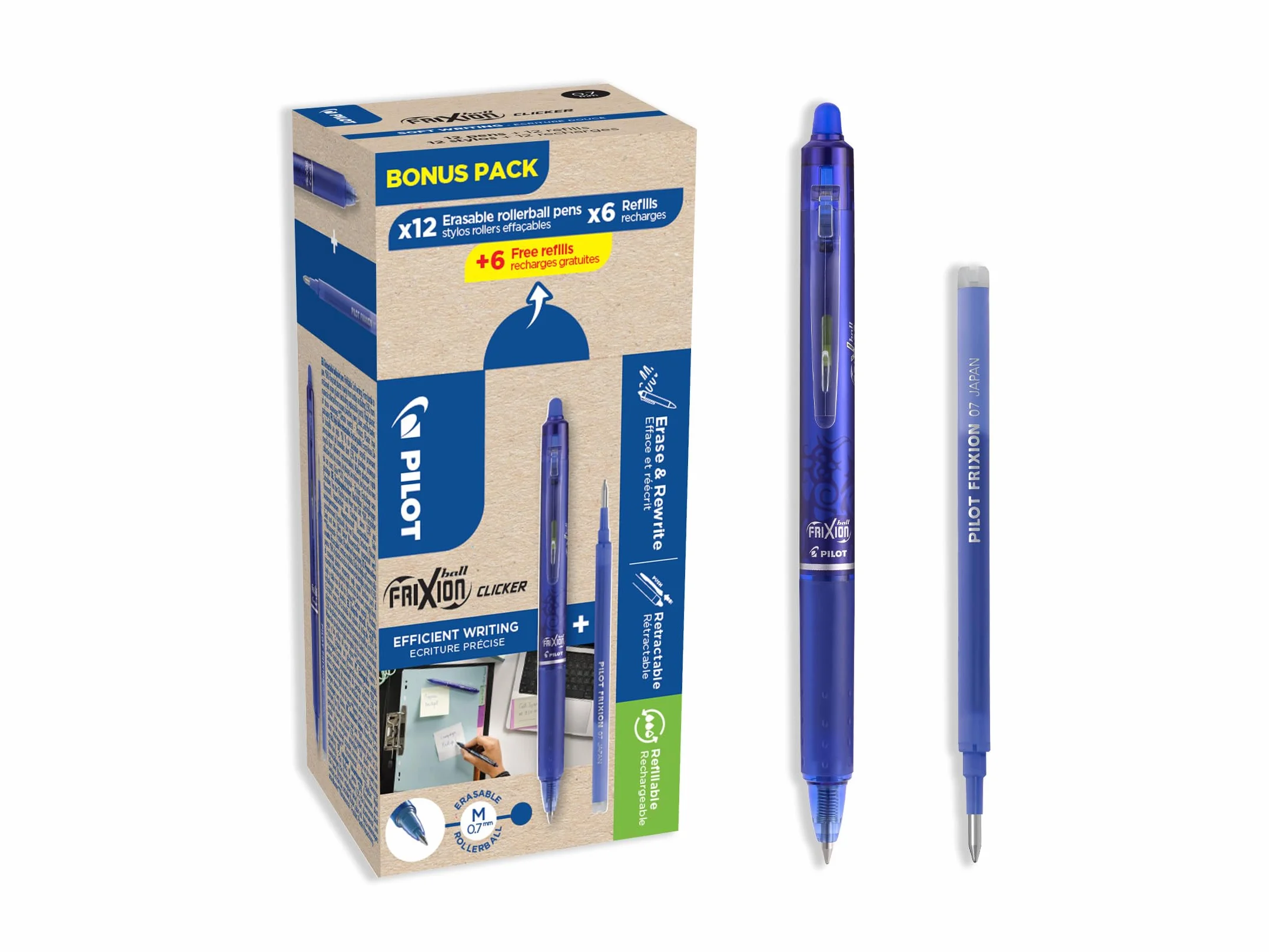 PILOT - Set di 12 FriXion Ball Clicker 07 + 12 Ricariche - Penne Cancellabili con Inchiostro Termosensibile - Roller Retrattili e Ricaricabili - Blu - Punta Media