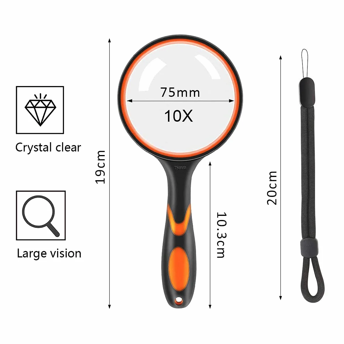 Vicloon Lente d'Ingrandimento 10X 75mm Portatile con Manico in Gomma Morbida Antiscivolo