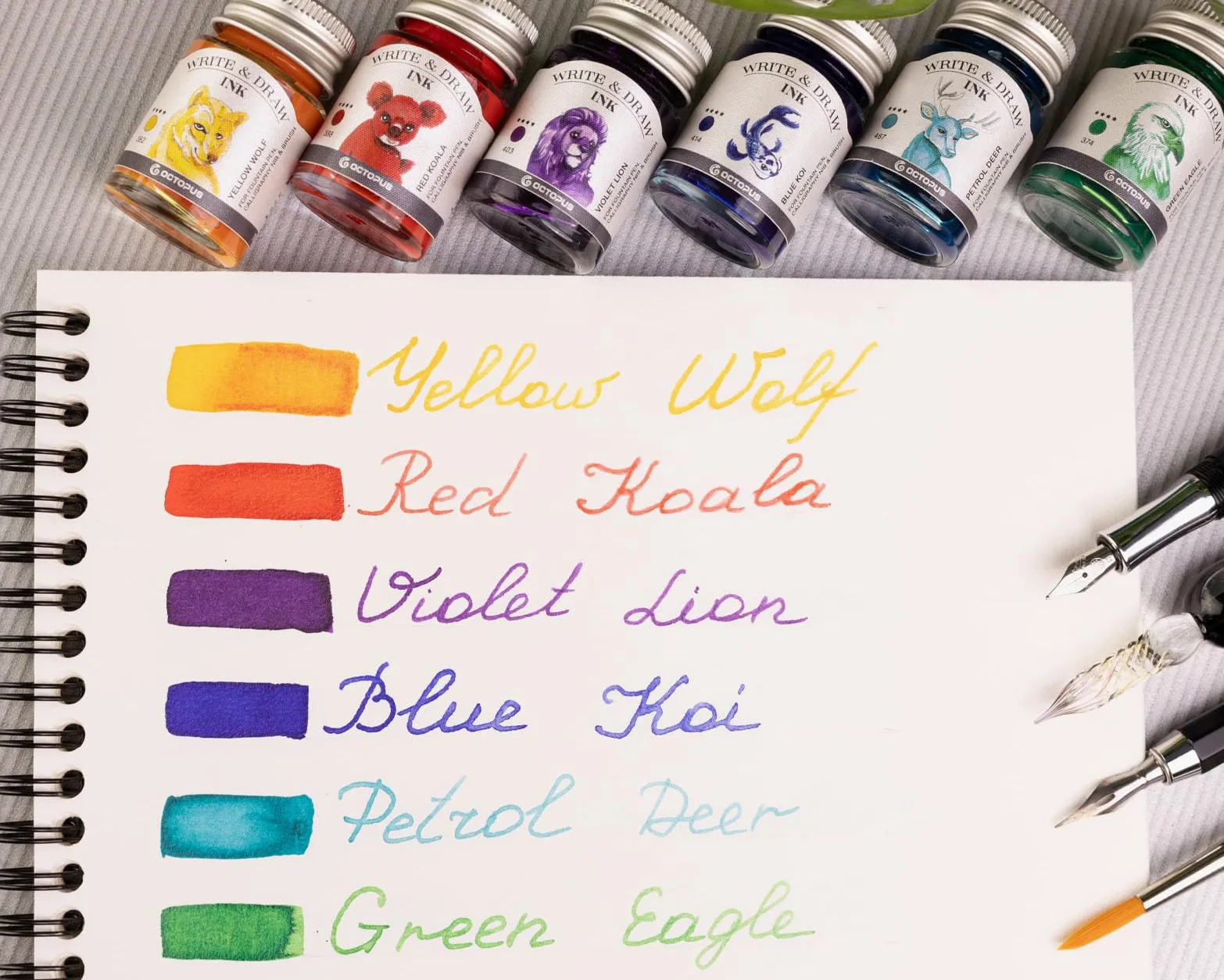 Octopus Write and Draw Ink Set RAINBOW, inchiostro impermeabile per scrittura e disegno, inchiostro per calligrafia, inchiostro da illustrazione per penna stilografica, 6x10 ml