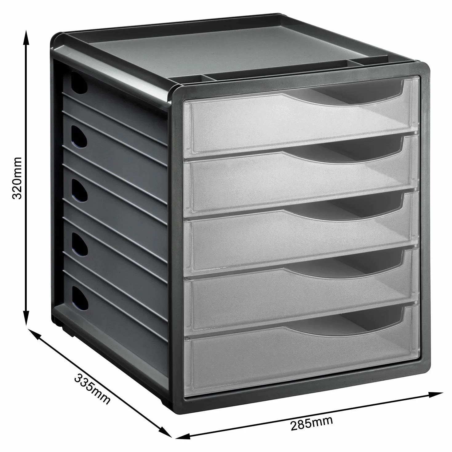 Rotho Spacemaker Cassettiera/Scatola da Ufficio con 5 Cassetti, Plastica (PS) senza BPA, Trasparente/Nero, 33.5 x 28.5 x 32.0 cm
