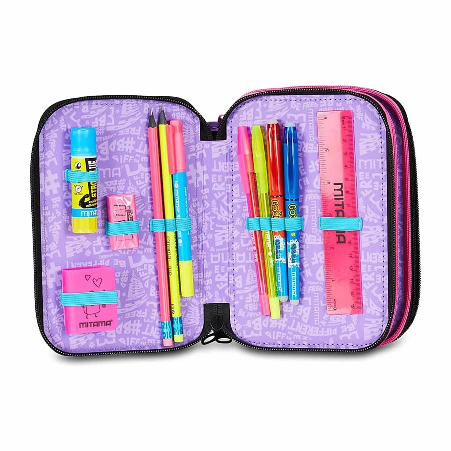 Mitama Astuccio Scuola 3 Scomparti, TRIPLO MANGA EFFECT, Contenuto 47 pz, Completo di Matite, Pennarelli, Portapenne Scuola Elementare Bambina, 064523-000