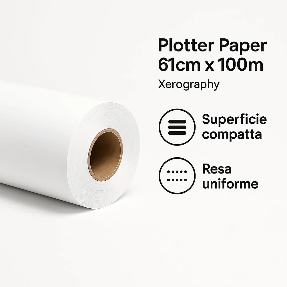 Carta Plotter 61cm x 100m per Xerografia | Carta Bianca Professionale ad Alta Resa | Superficie Liscia per Dettagli Nitidi e Senza Sbavature | Rotolo Uniforme per Plotter e Stampanti Tecniche