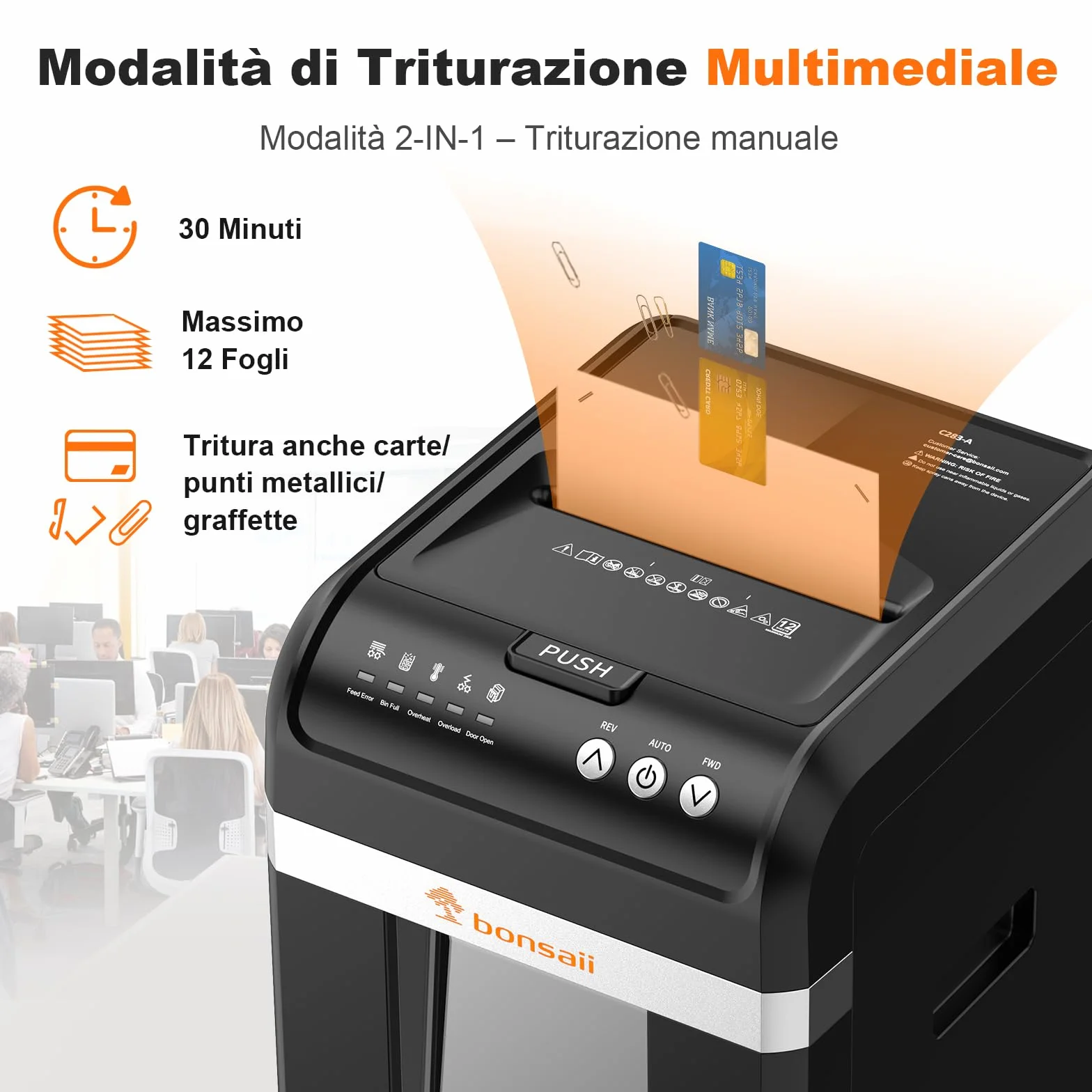 Bonsaii Distruggi documenti con Alimentazione Automatica da 200 Fogli, 60 Minuti di Funzionamento Continuo, Taglio a Frammento P-4, Cestino da 31L, Silenzioso e Ideale per Ufficio, C283-A