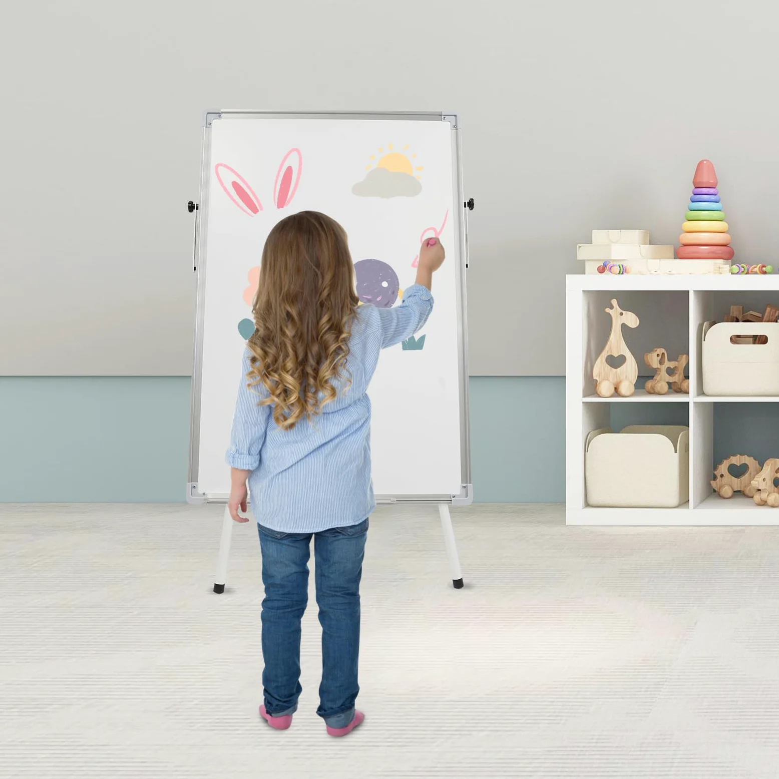 Lavagna bianca con supporto, 61 x 92 cm, magnetica, portatile, lavabile a secco, regolabile in altezza, con 3 penne, 1 gomma, 6 magneti autoadesivi