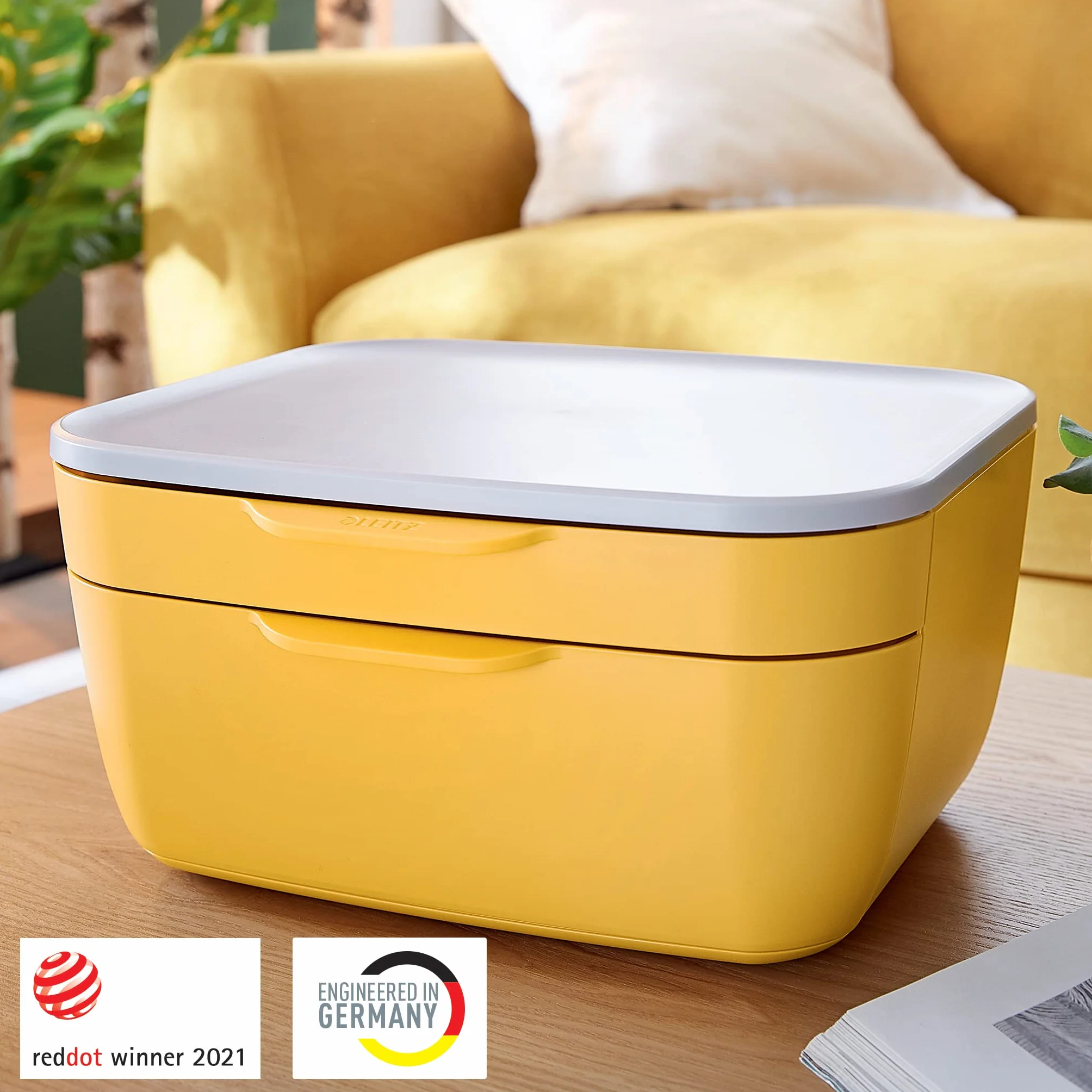 Leitz Cassettiera a 2 Cassetti, Gamma Cosy, Organizer per Riporre Documenti, Penne, Cavi e Riviste, Adatta per Casa e Ufficio, Giallo Caldo, 53570019