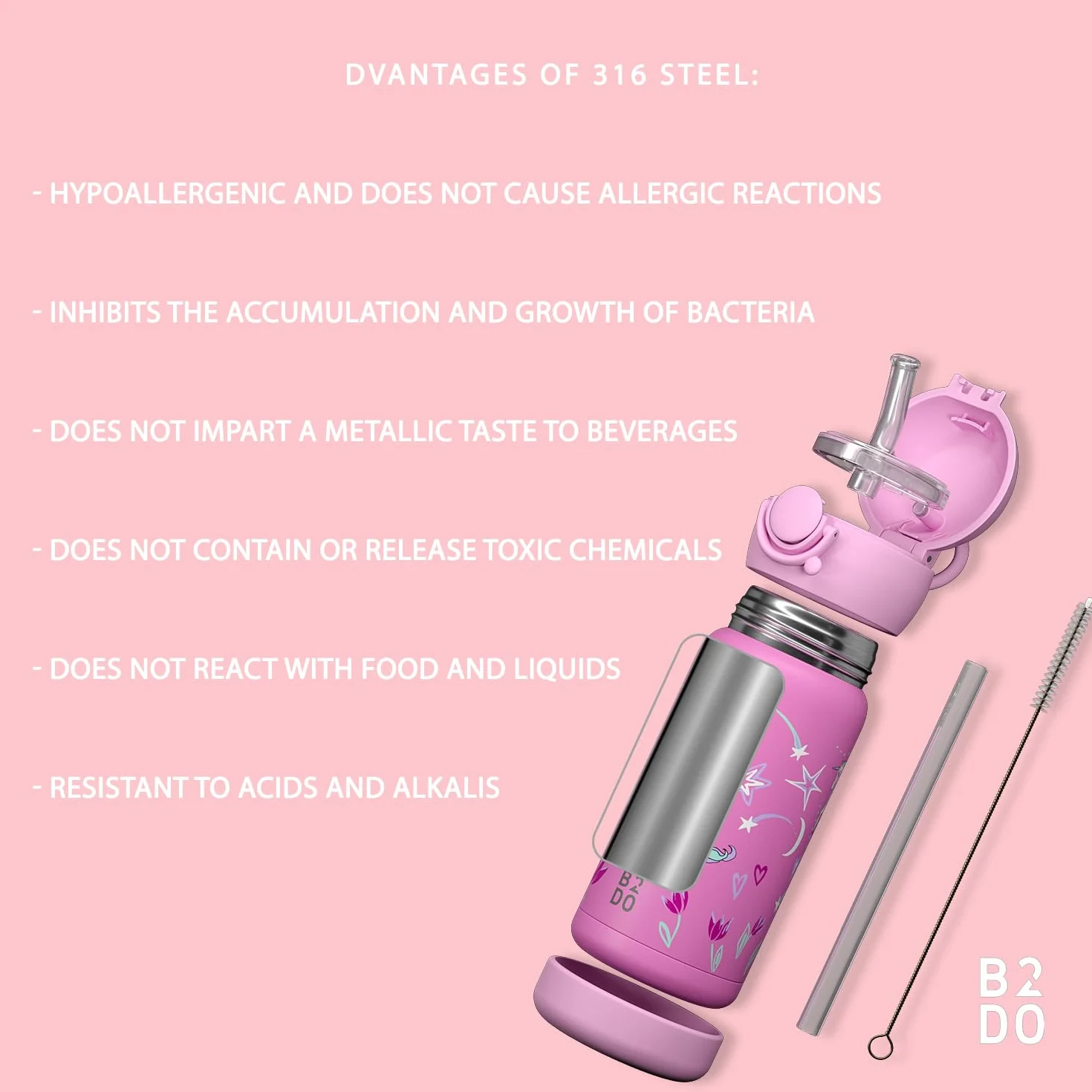 Borraccia Acciaio 316 Inox Doppia Parete 350ml Unicorno Rosa Bottiglia Termica per Bambini Isolata
