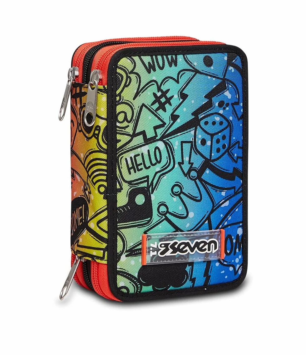 Seven Astuccio Scuola Elementare, 3 scomparti, Medie, con Matite, Pennarelli, Penne, 3 Zip, Fluo Stamp, Bambino e Ragazzo, blu/arancione