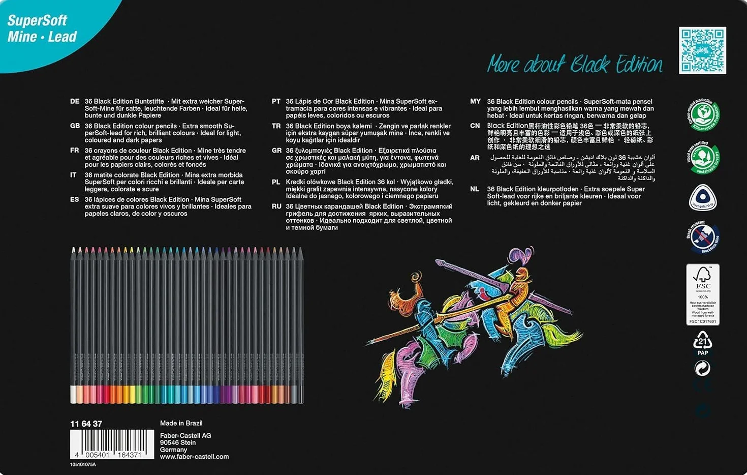 Faber-Castell Black Edition 36 Matite Colorate, Astuccio in Metallo, Resistenti, Impugnatura Ergonomica