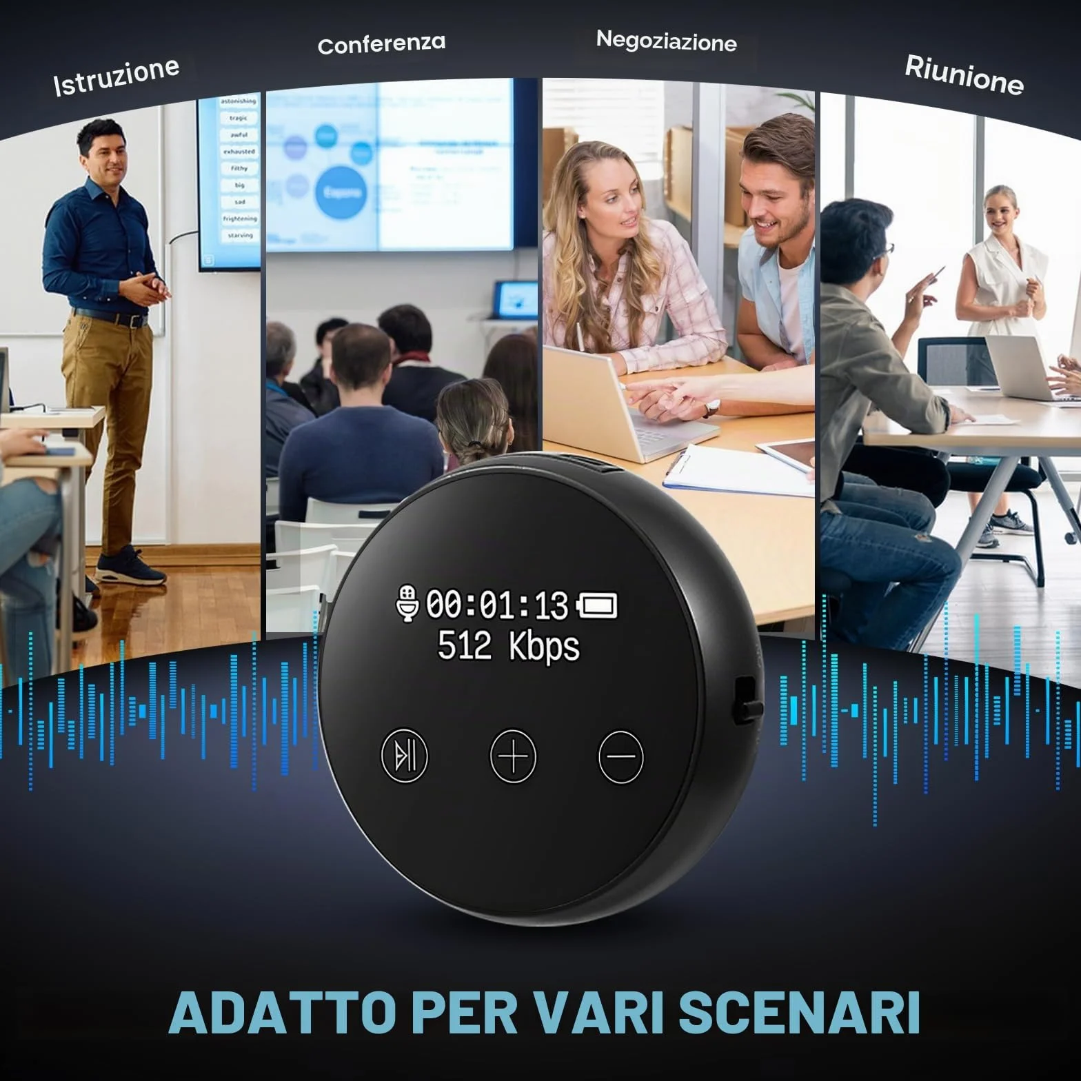 Dittafono digitale, 64 GB, 3072 Kbps, attivazione vocale, riduzione del rumore, ricarica USB, magnetico
